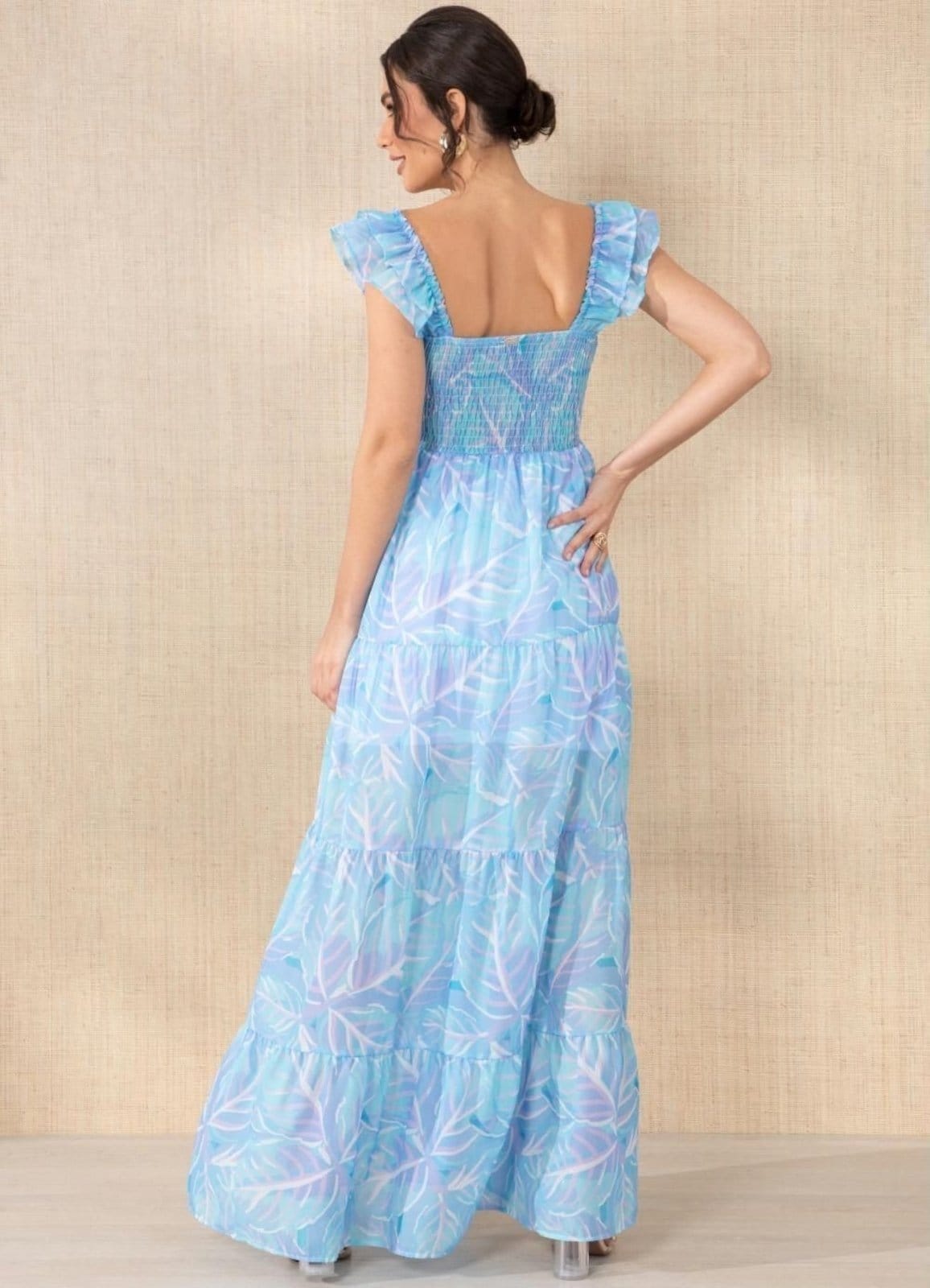 Vista 2 Vestido Mangas Babado Folhas Azuis Colorido Quintess azul