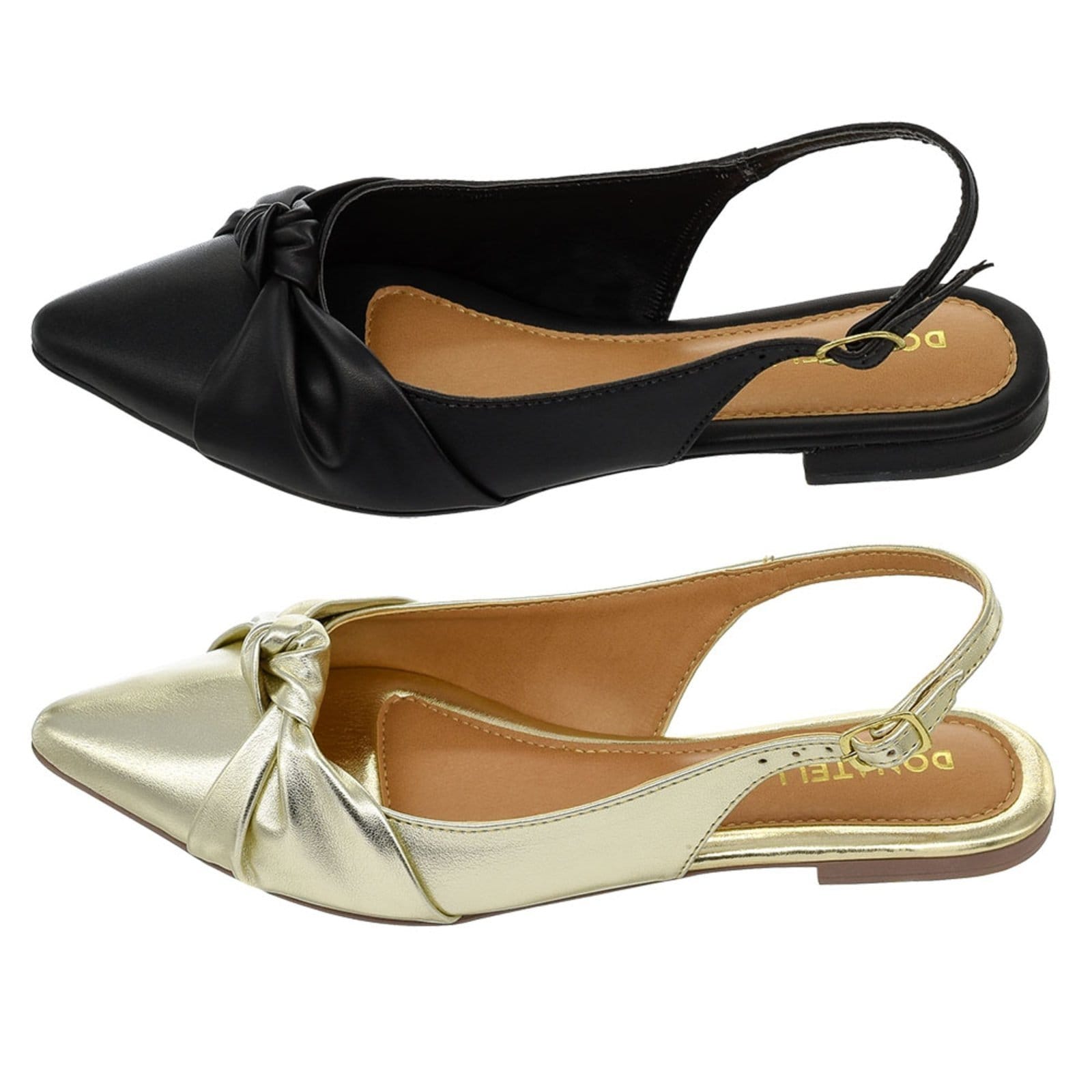 Kit 2 Pares Mule Feminino Sapatilha Bico Fino Donatella Shoes Rasteira Slingback Nó e Ouro Light