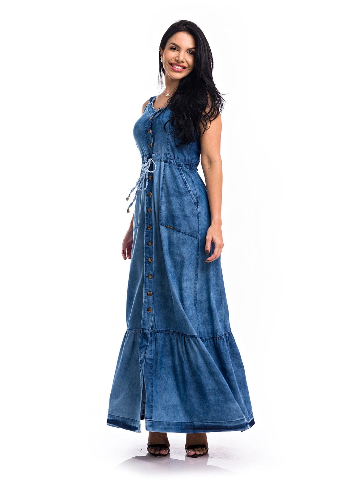 Vestido Longo Restrito Jeans com Regulagem MÉDIO
