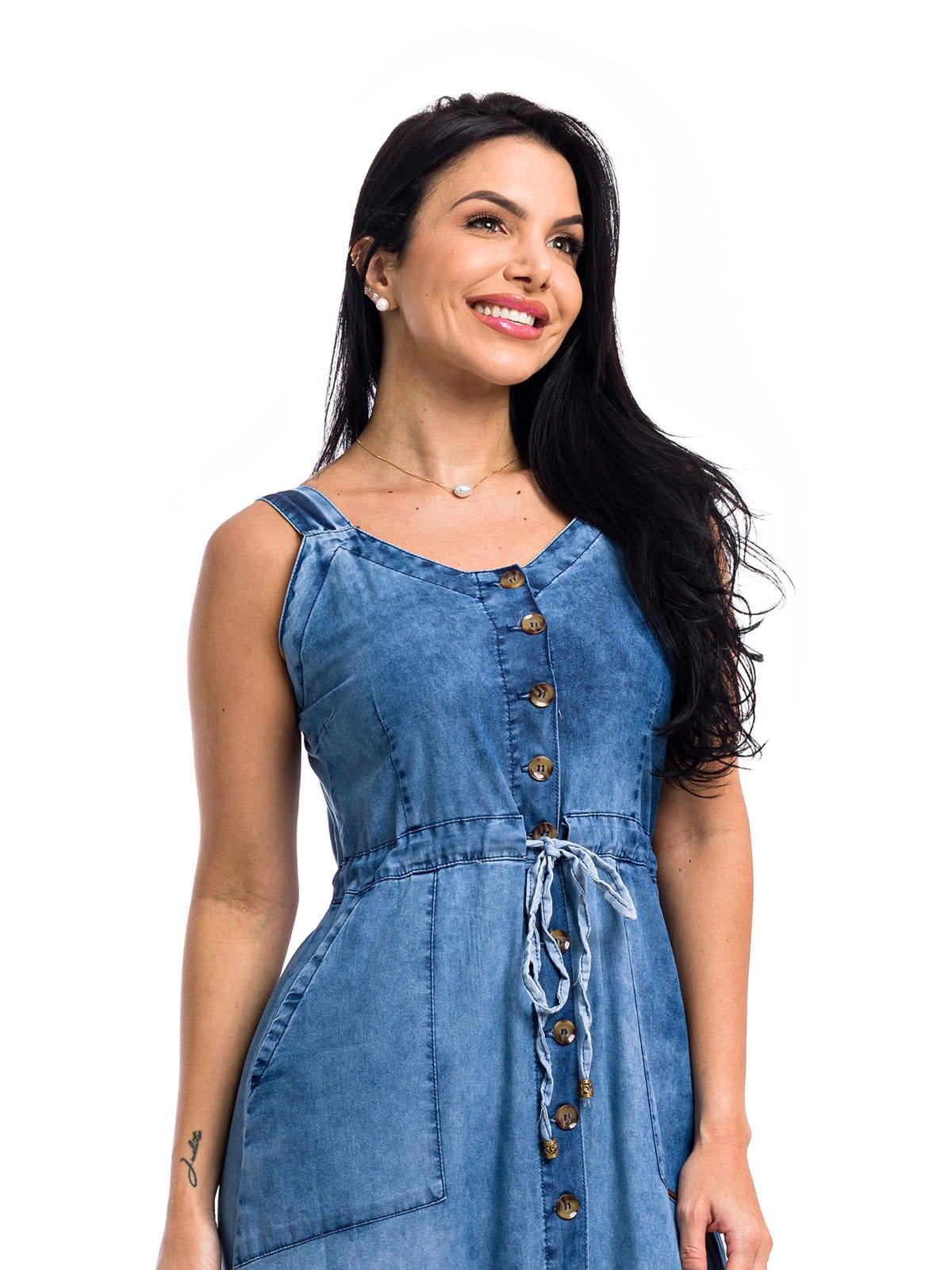 Vista 2 Vestido Longo Restrito Jeans com Regulagem MÉDIO Restrito Jeans azul
