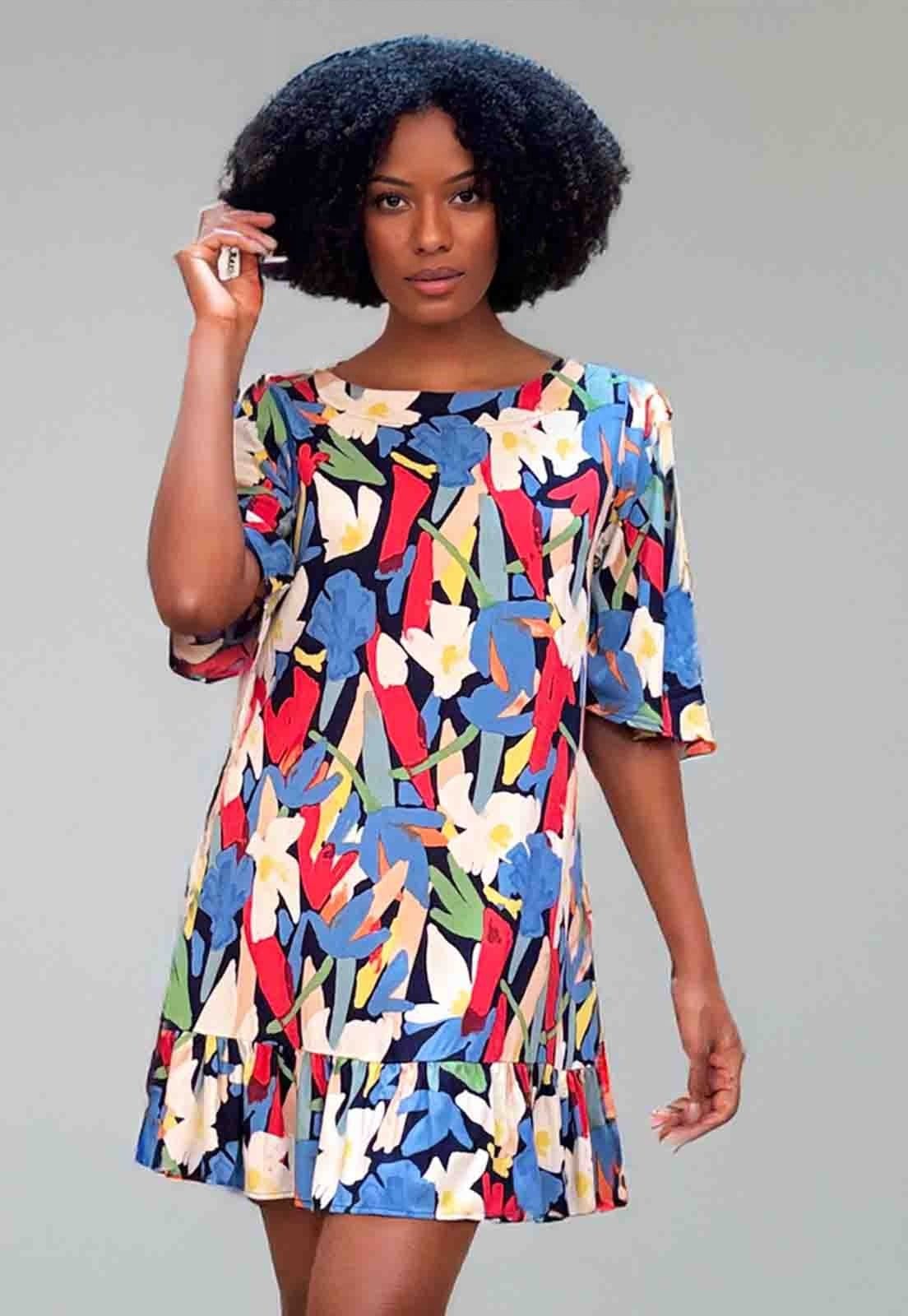 Vista 2 Vestido Curto Viscose Estampa Floresce Amazonia Vital amarelo/branco/estampado/vermelho