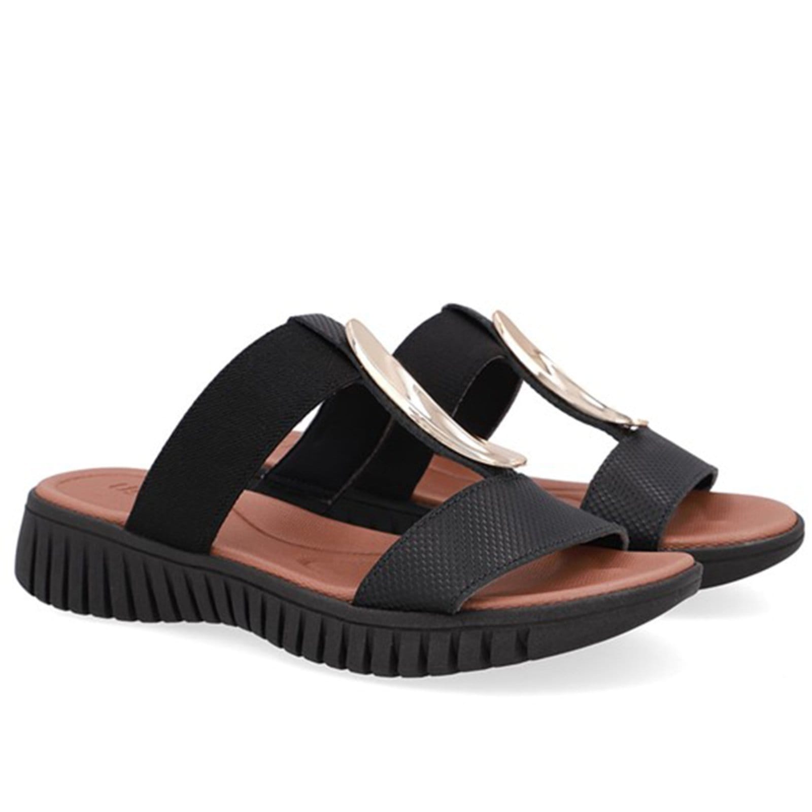 Vista 2 Tamanco Salto Baixo Couro Enfeite Dourado Usaflex 001 Usaflex preto