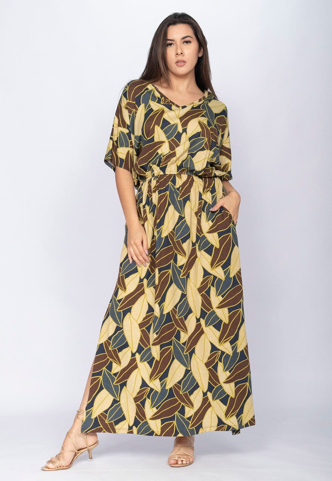 Vista 2 Vestido CabanaFree Longo Plus Malha Estampa Folhas de Outono Cabanafree estampado