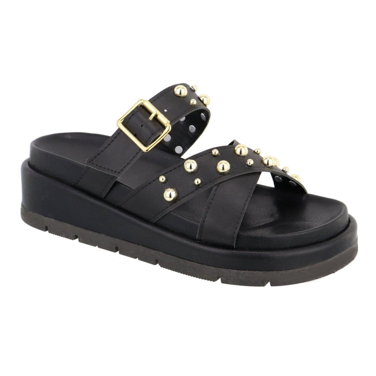 Vista principal Sandália Papete Feminina Estilosa Plataforma Sola Alta Confortável Bolinhas Preta TELLINI STORE preto