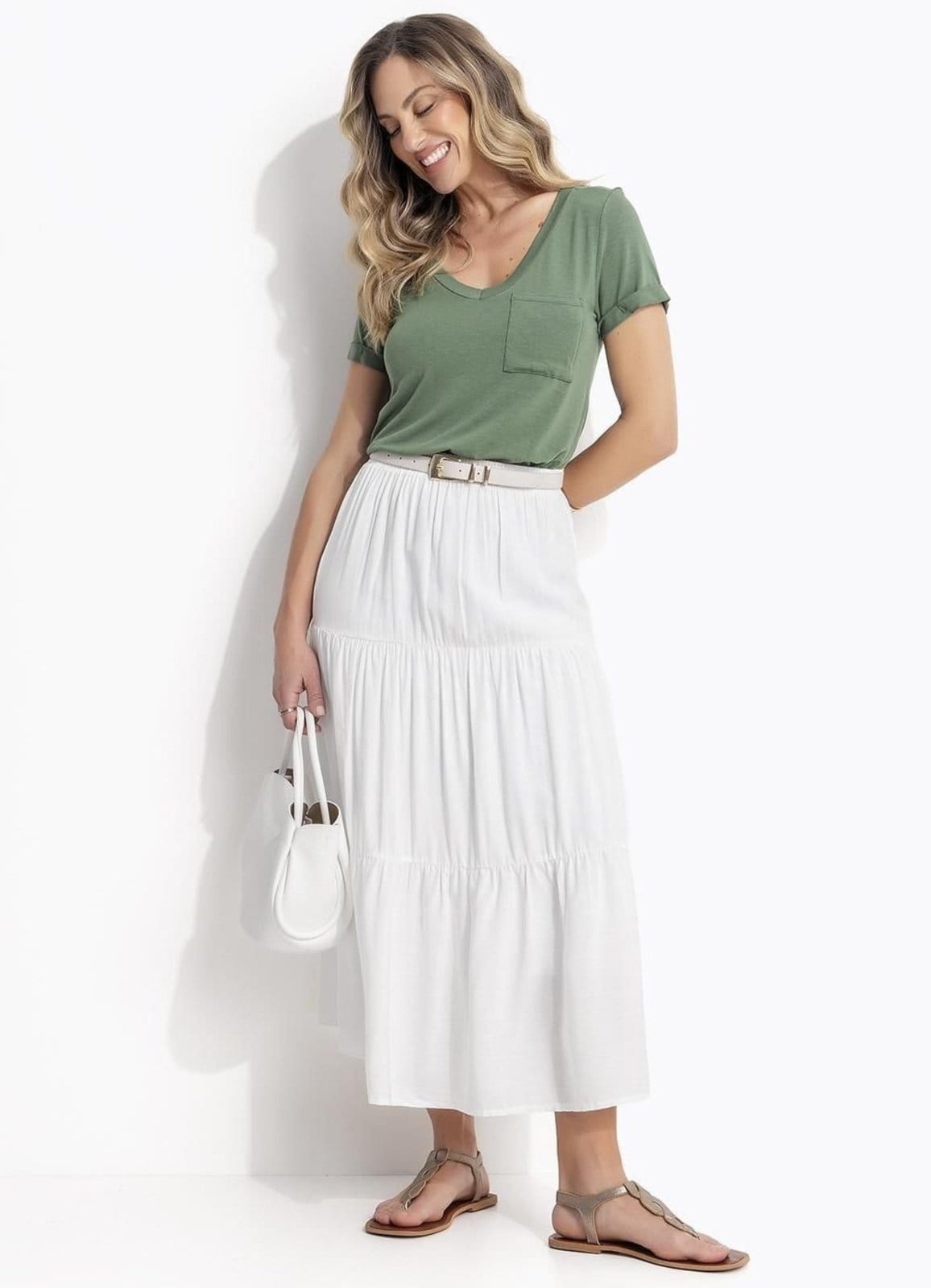 Saia Midi Branca Em Viscose Slub