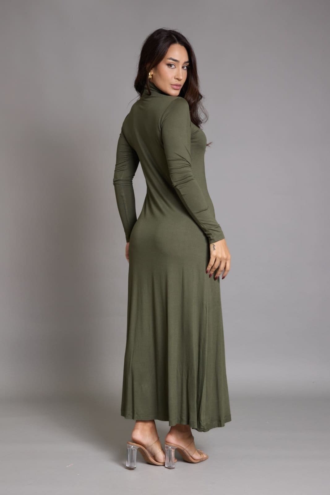 Vista 2 Vestido Midi Em Viscose Feminina Manga Longa Lemier Collection LEMIER verde