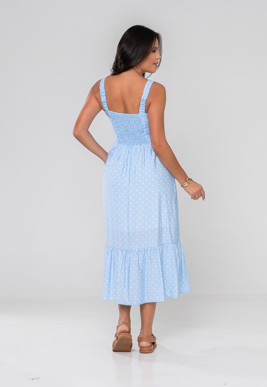 Vista 2 Vestido Aura Tássia Viscoamida Bolso Poá Aura azul