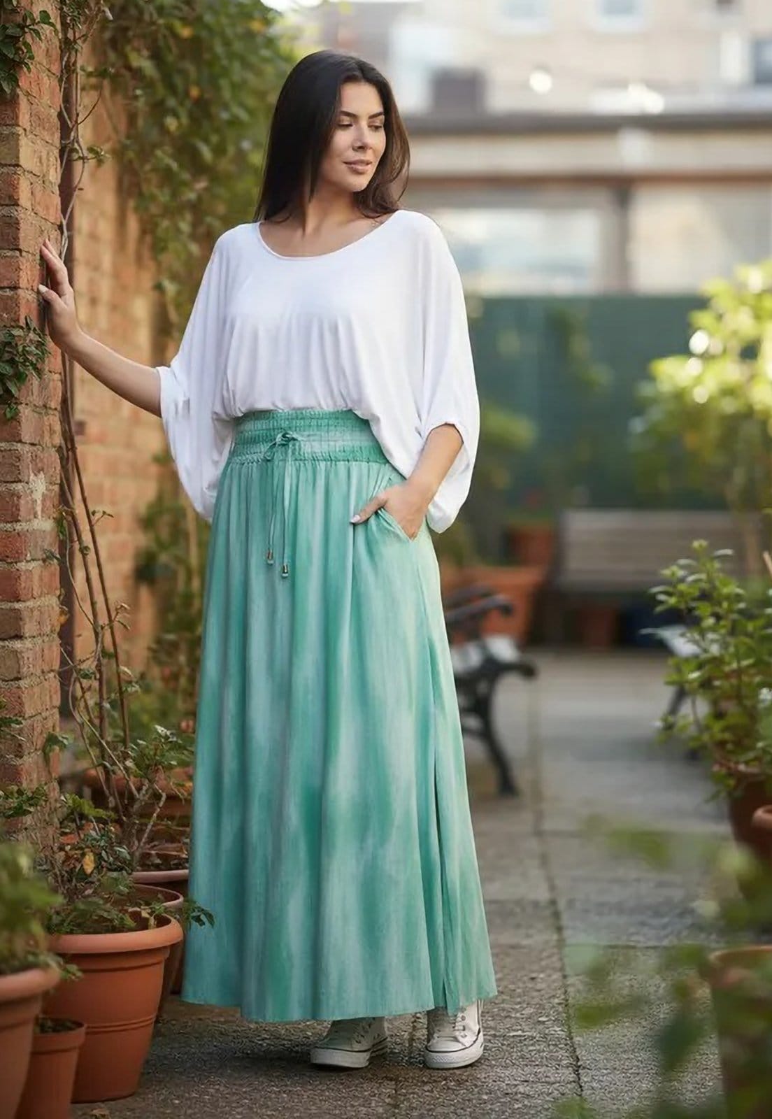 Vista principal Saia Cabanafree Longa Viscose Tie Dye Verde Aqua Cabanafree estampado verde