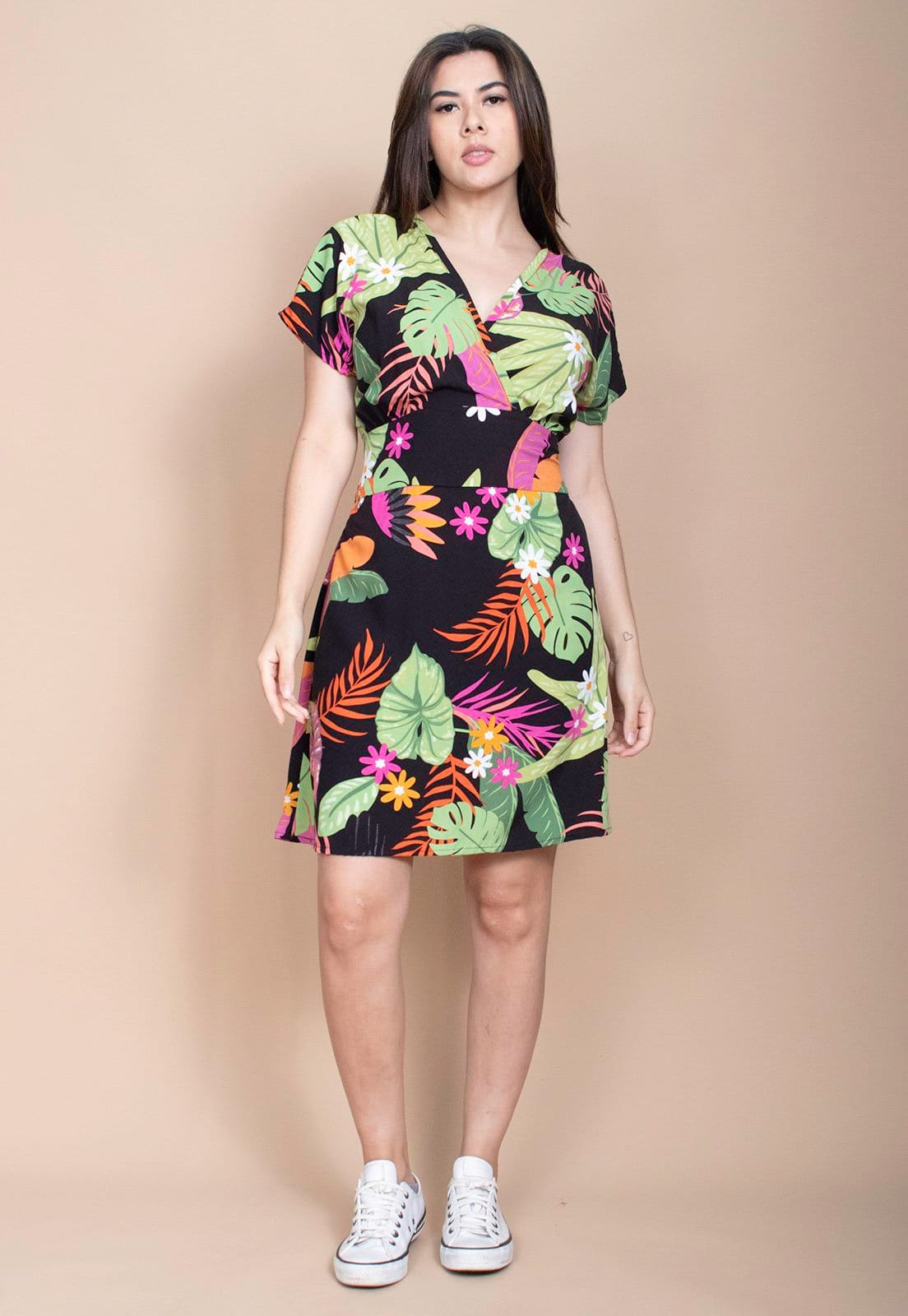 Vista 2 Vestido Cabanafree Curto Viscose Elastex nas Costas Estampa Noite Botânica Cabanafree estampado/laranja/rosa/verde