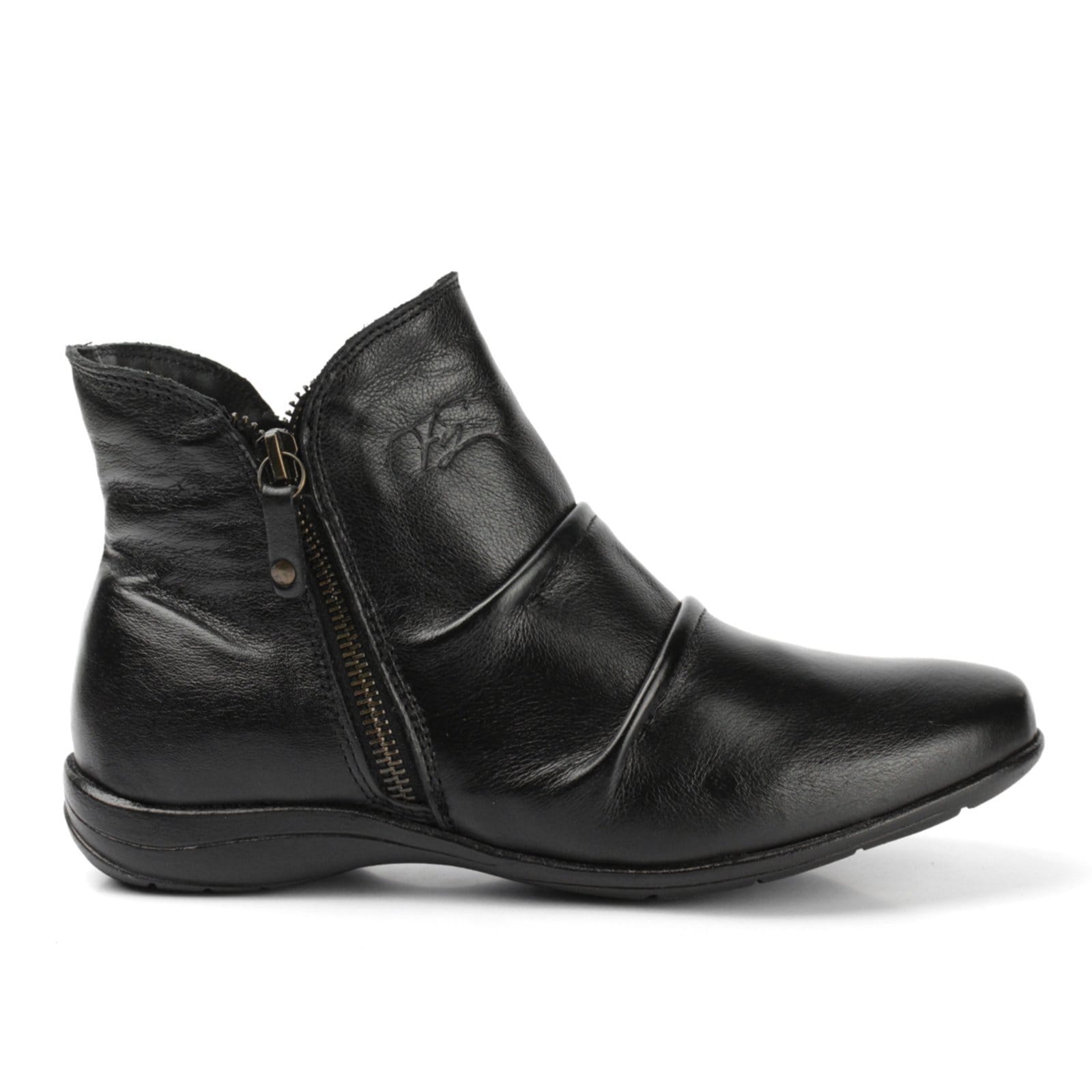 Vista principal Bota Casual Couro Feminina Solado Rasteiro Cano Curto Zíper Lateral Detalhe Dobra Preta FRANCA GRIFFE preto