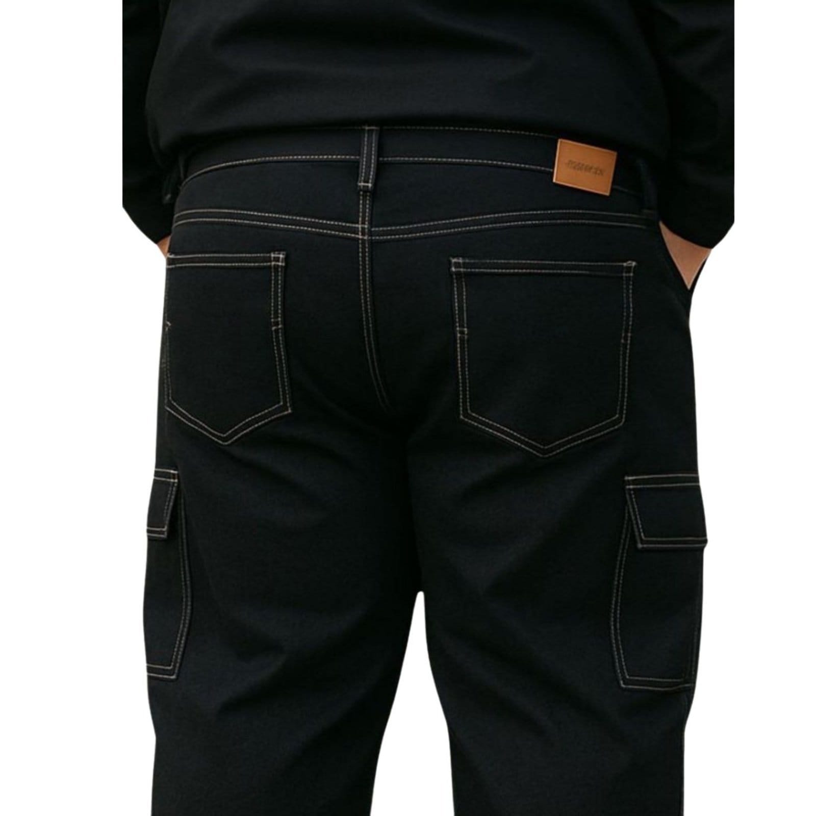 Vista 2 Calça Plus Size Masculina Cargo Preta com Costura Branca Alleppo Jeans preto