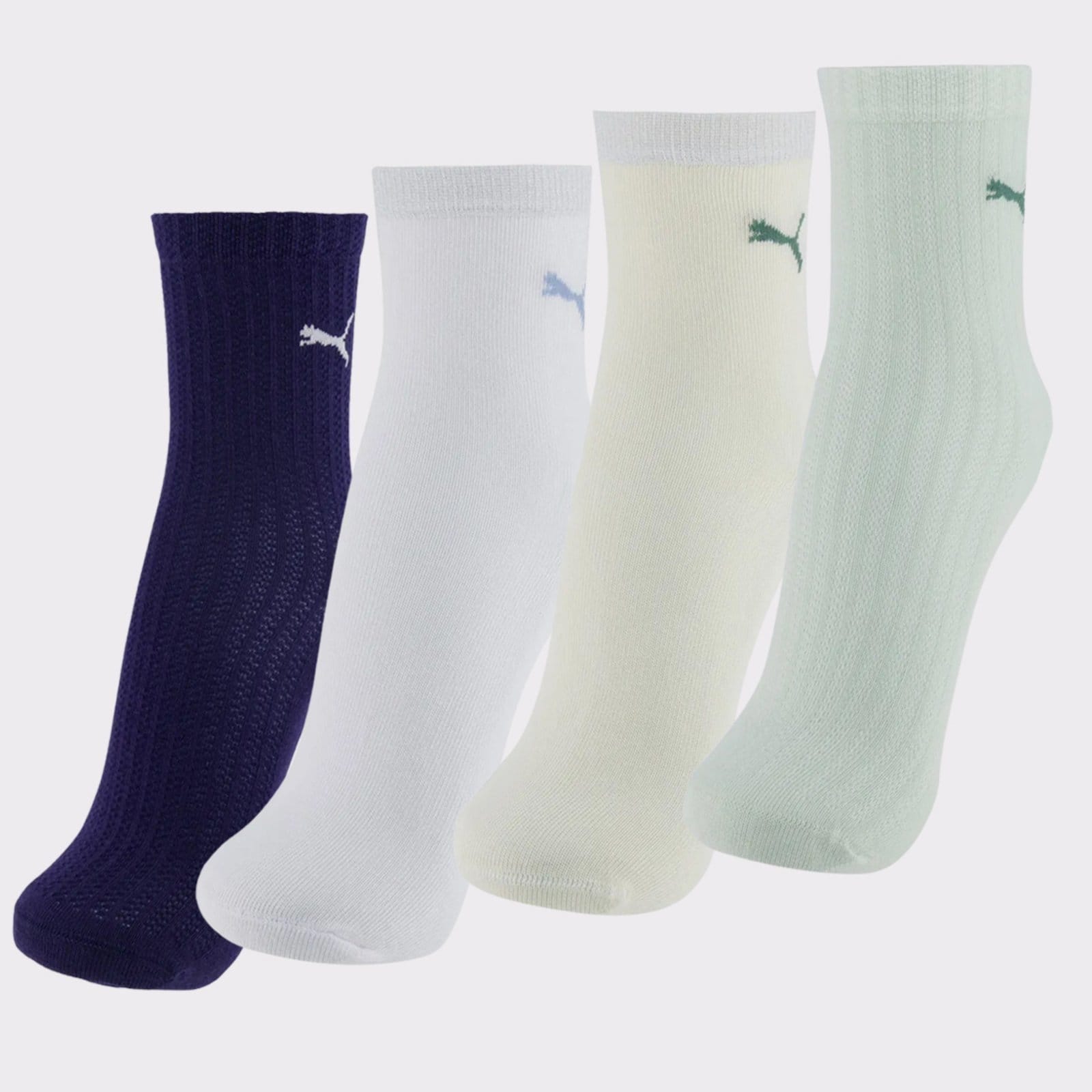 Vista 2 Kit Meia Puma Cano Médio 4 Pares Feminina Branca e Marinho e e Off White Puma verde