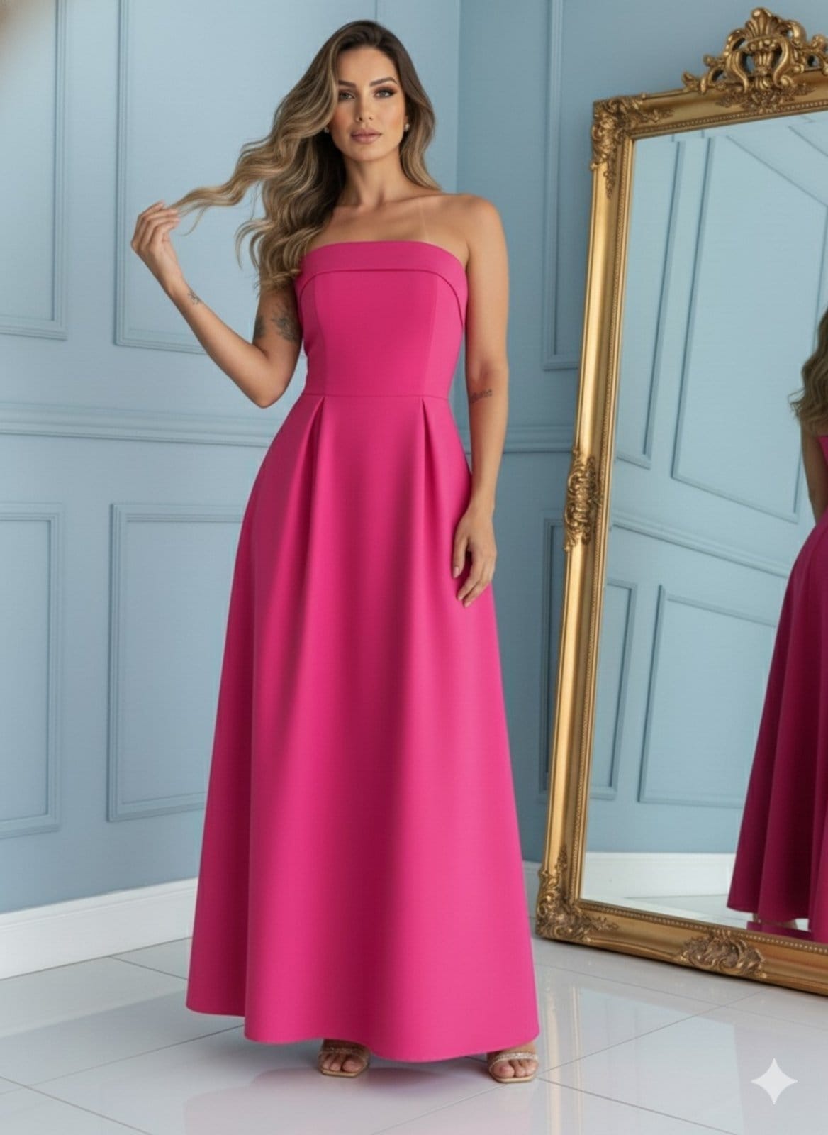 Vista 2 Vestido Longo com Pregas Decote Reto Festa Madrinha Casamento Linho Misto FS CONCEPT pink