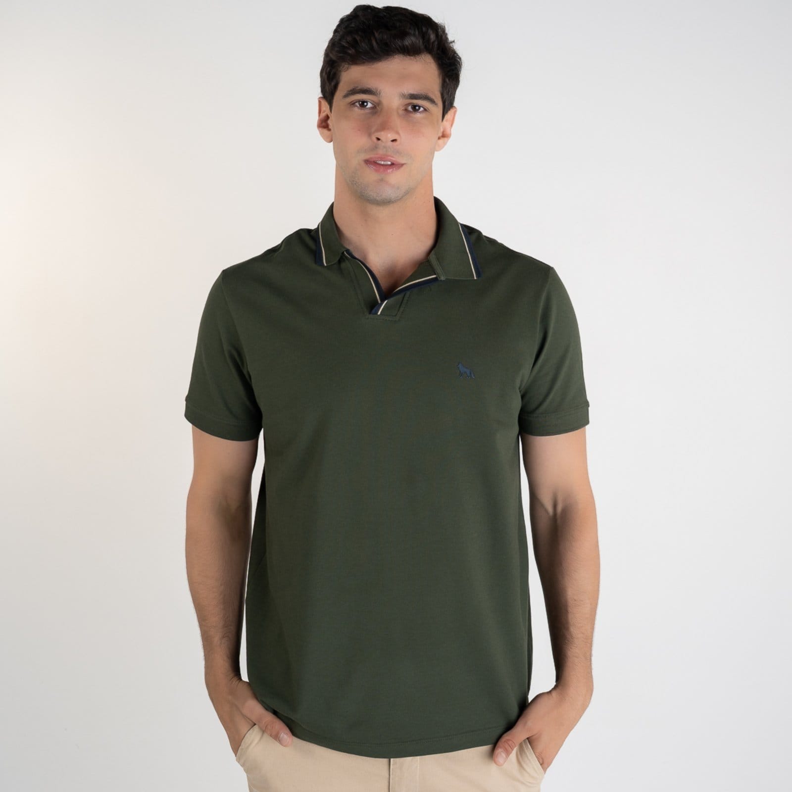 Vista principal Camisa Polo Acostamento Piquet Frisos Acostamento verde militar