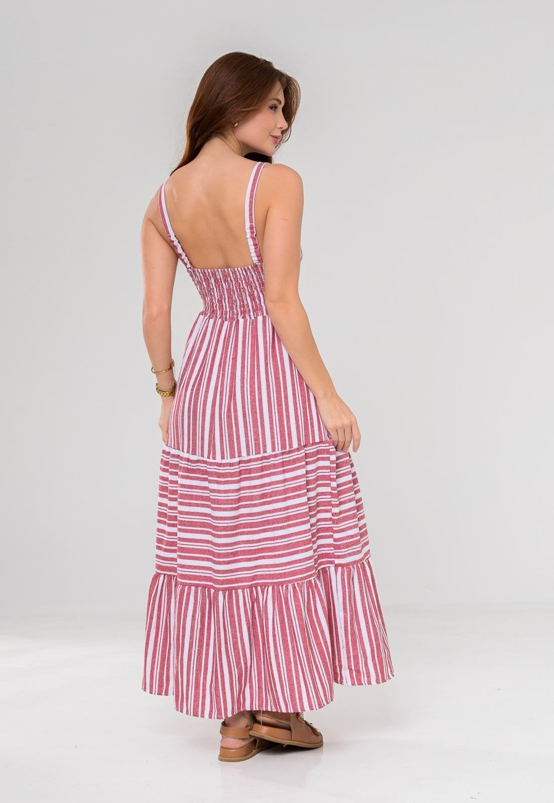 Vista 2 Vestido Aura Evelyn Linho Listrado Aura vermelho