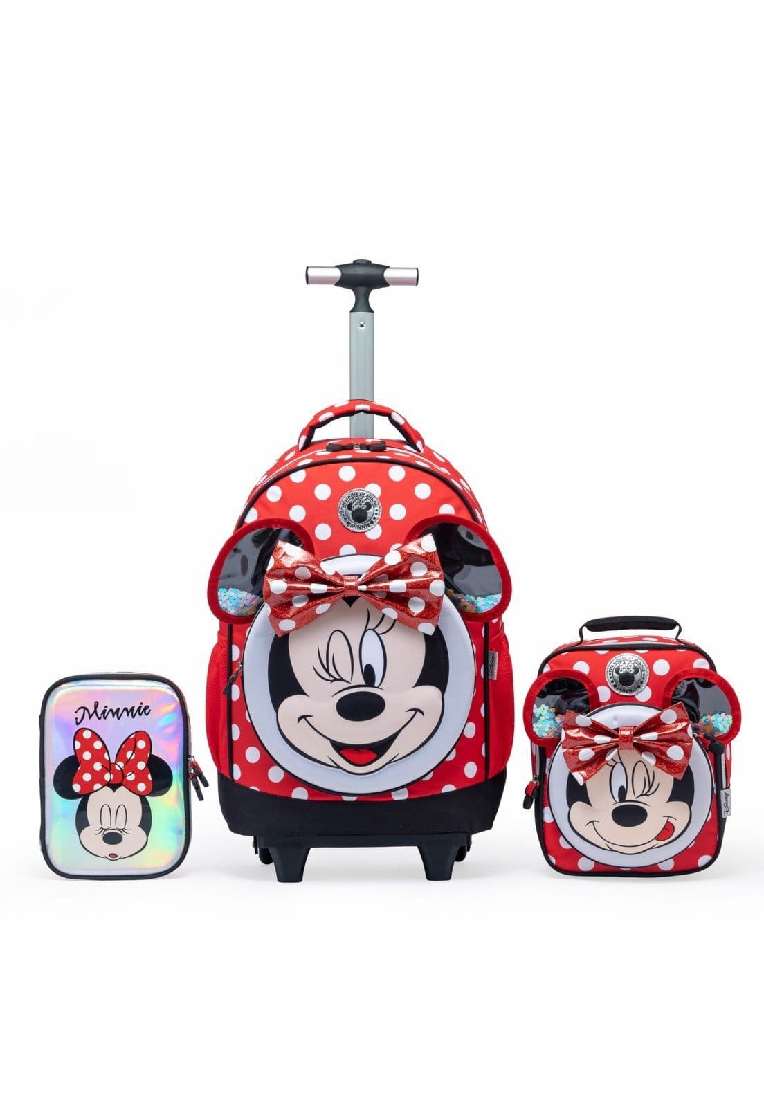 Vista 2 Infantil - Kit Mochila Lancheira Estojo Garrafa Minnie Rodinha Disney vermelho