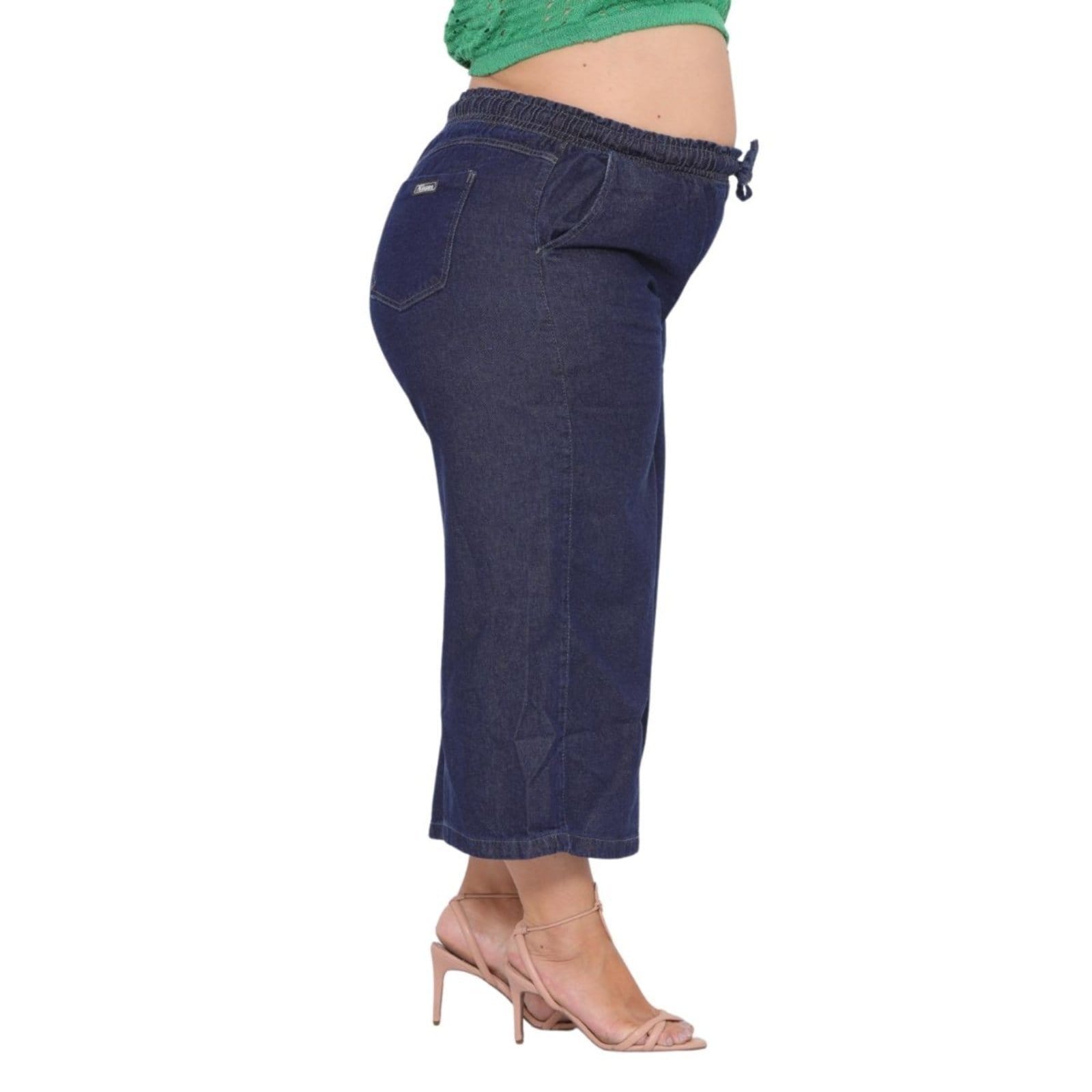 Vista 2 Calça Capri Pantacurt Feminina Plus Size Jeans ão com Elástico na Cintura Ao 60 Alleppo Jeans azul