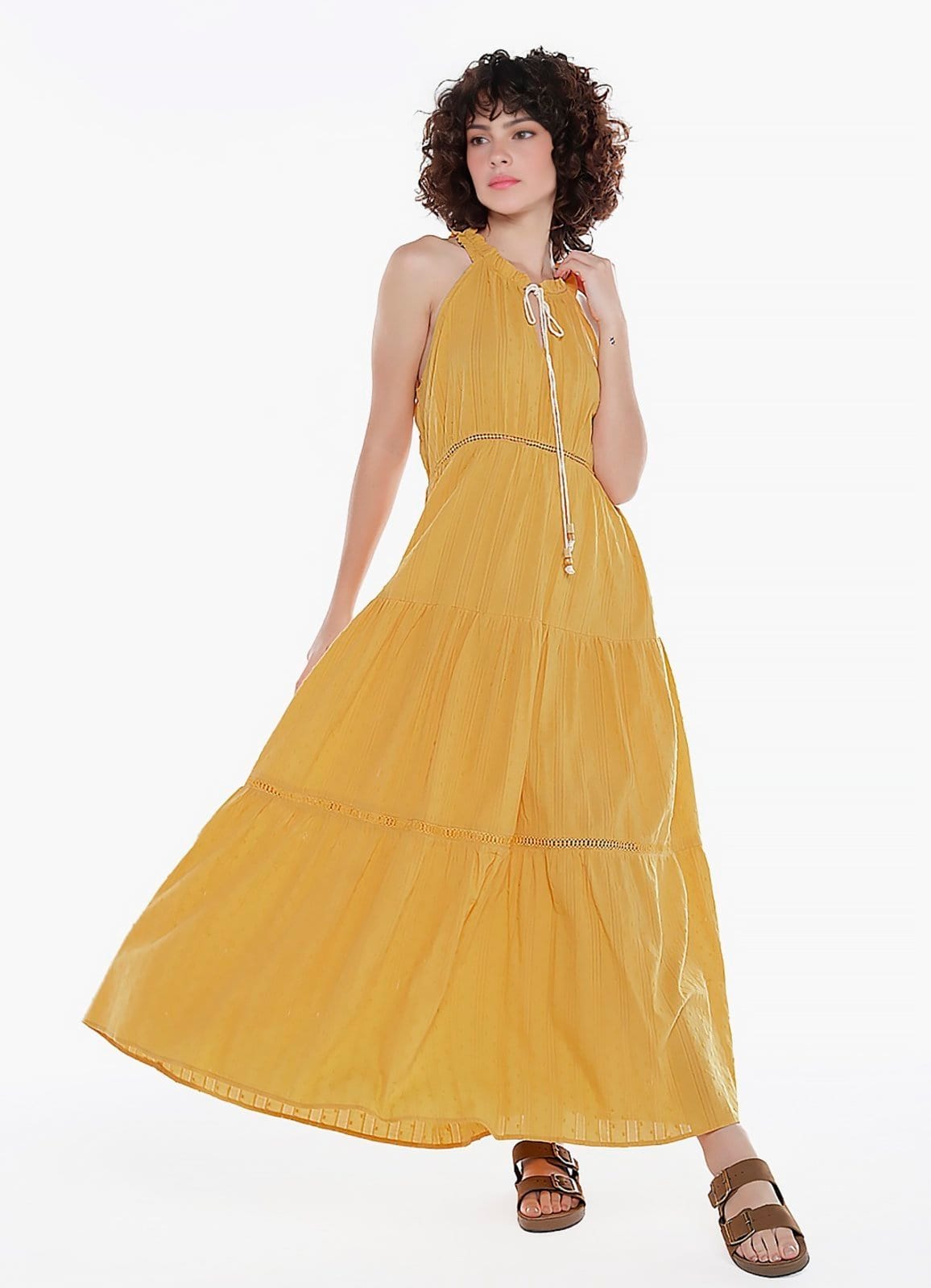 Vestido Longo de Laise Algodão Puro Saia Rodada