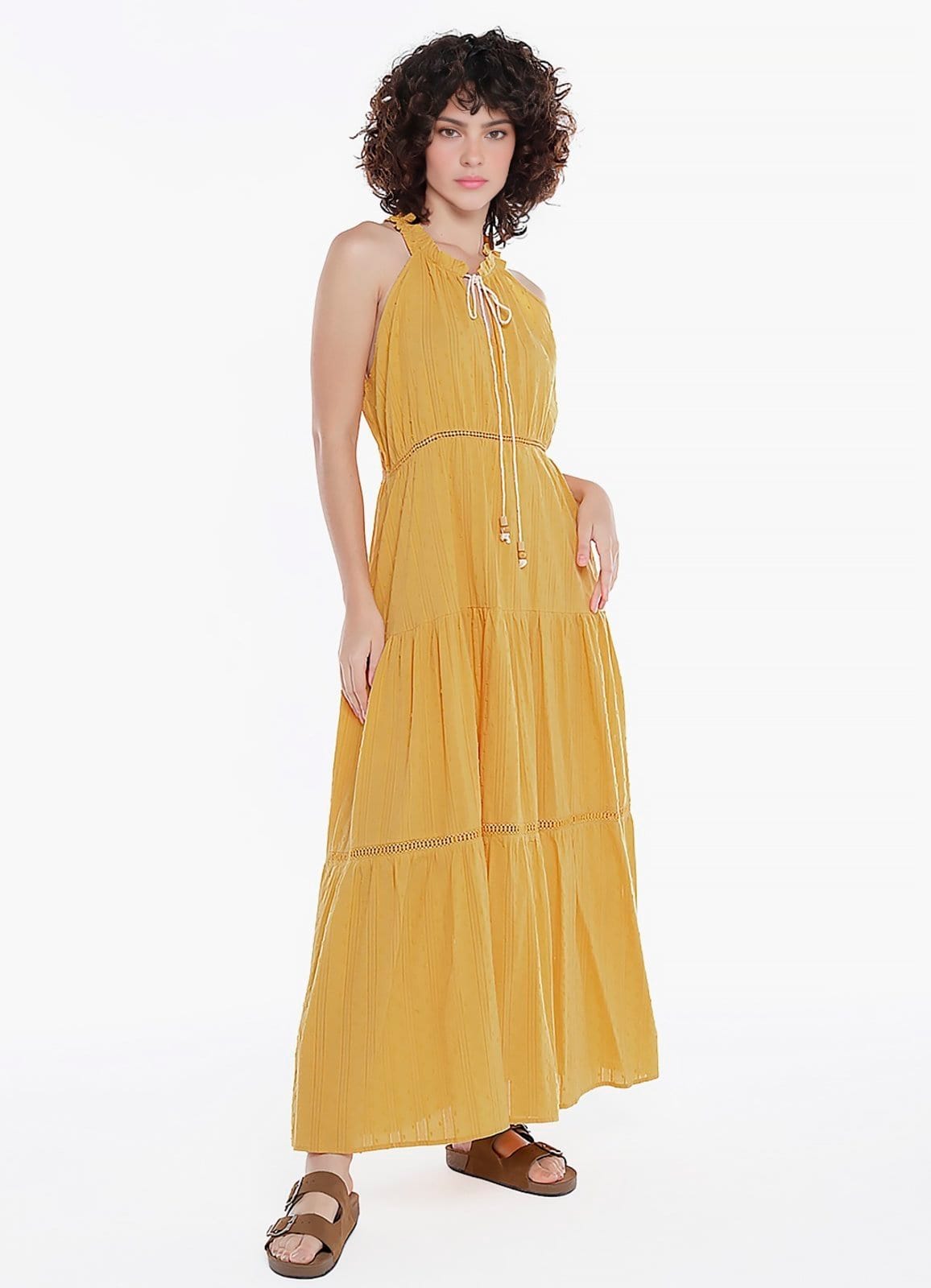 Vista 2 Vestido Longo de Laise Algodão Puro Saia Rodada SOB caramelo