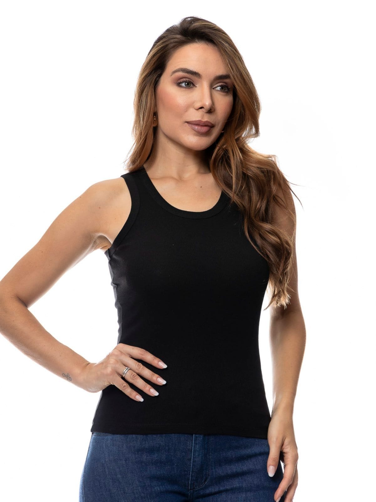 Vista 2 Kit 5 Regatas Básicas Ribana Kaqui, Preta, Branca e Amarela- 50498 Crocker azul