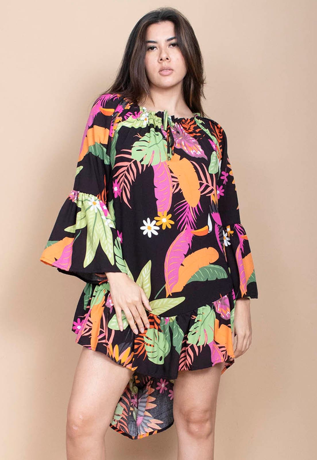 Vista principal Vestido Curto Cabanafree Viscose Com Babados Estampa Noite Botãnica Cabanafree estampado/laranja/rosa/verde