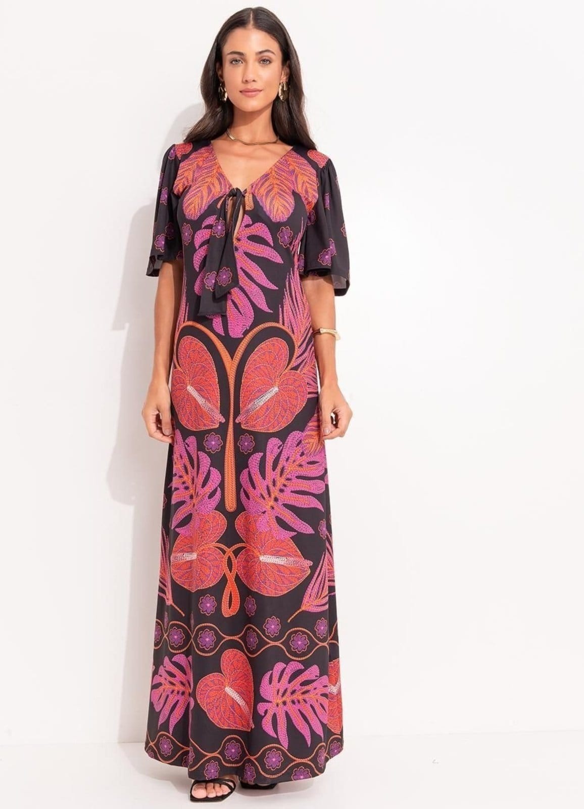 Vista principal Vestido Malha Fria Folhagens Barrada Colorido Quintess preto