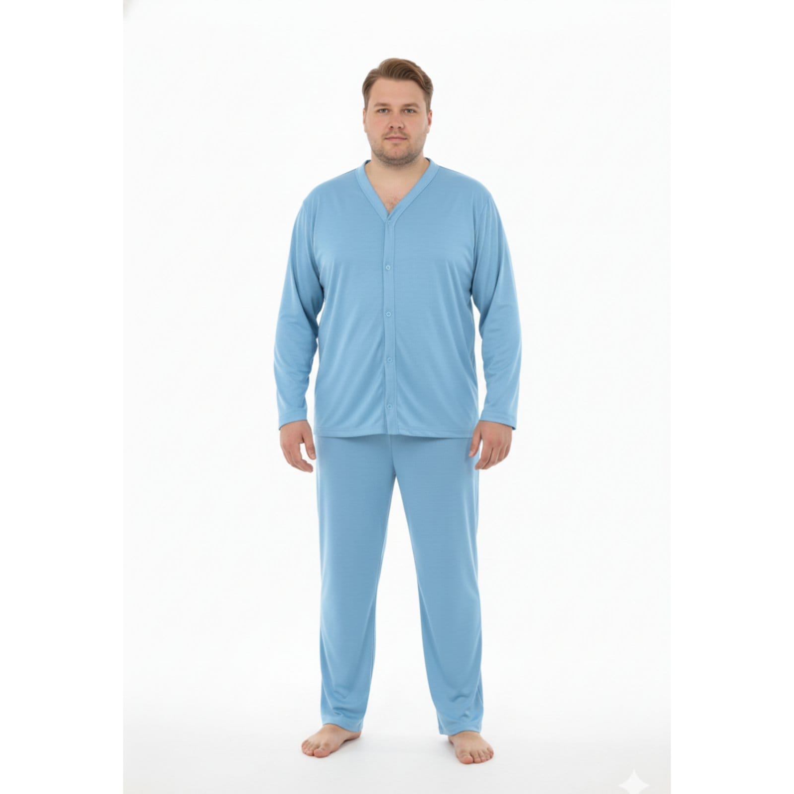 Vista principal Pijama Americano Masculino Aberto Plus Size Adulto Inverno Comprido Frio Malha Fria Manga Longa G1 G2 G3 G4 48 50 52 Conforto Botão Abotoado Homen Mechler Claro Celeste Mechler azul
