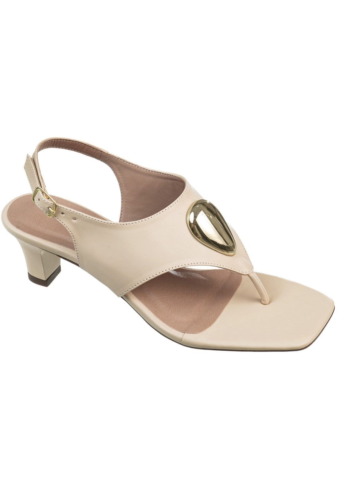 Sandália Feminina GiGiL Slingback De Dedo Salto Médio Detalhe Metalizado Bico Quadrado Elegante Porcelana