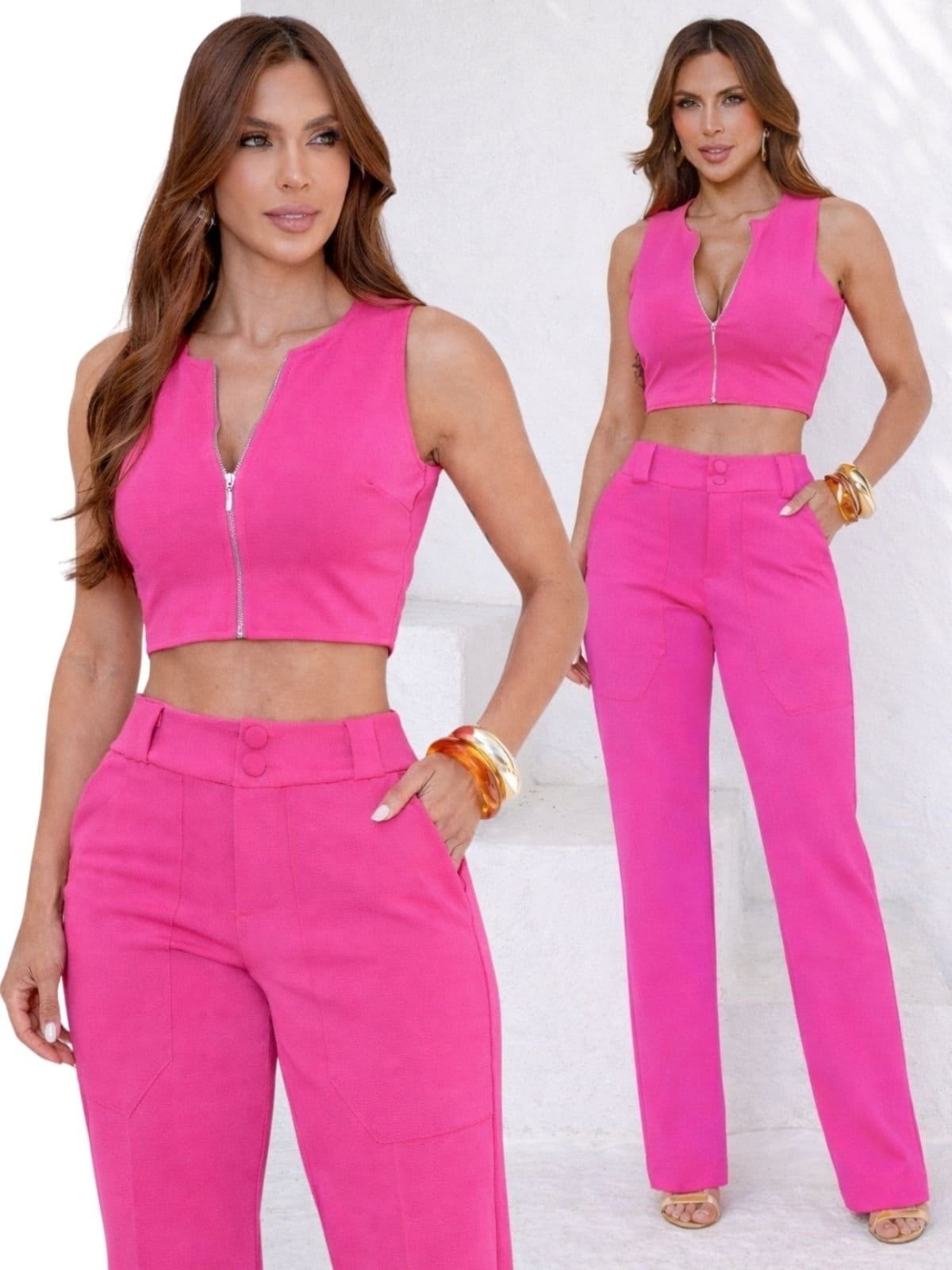 Vista principal Conjunto Feminino Divina Gata Cropped Calça DIVINA GATA rosa