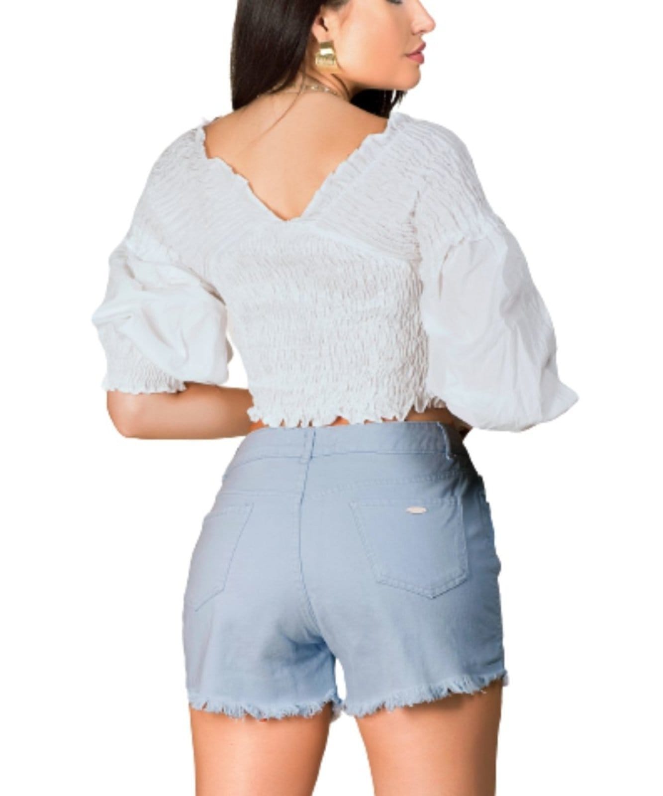 Vista 2 Shorts Feminino Sarja Com Barra Desfiada Baby Razon Jeans Azul Claro Razon Jeans blue