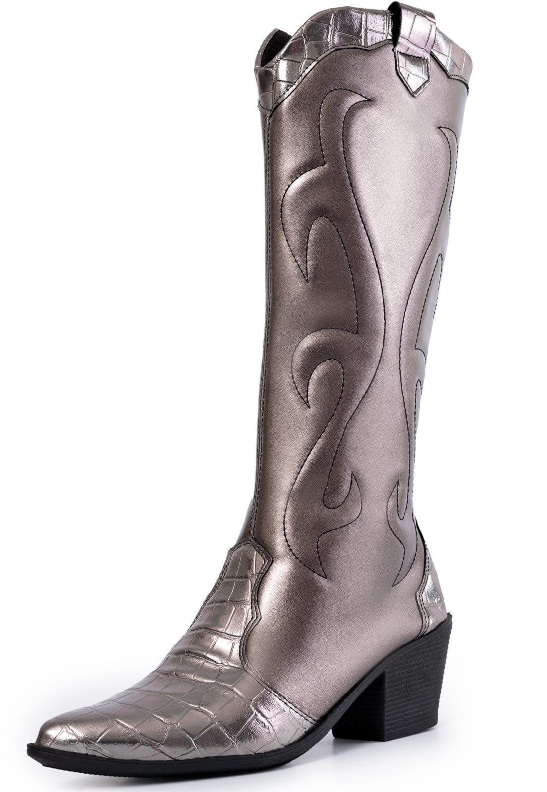 Vista principal Bota Feminina Western Lumiss Texana Bico Fino Salto Grosso Confortável Country Prata LUMISS prata velho