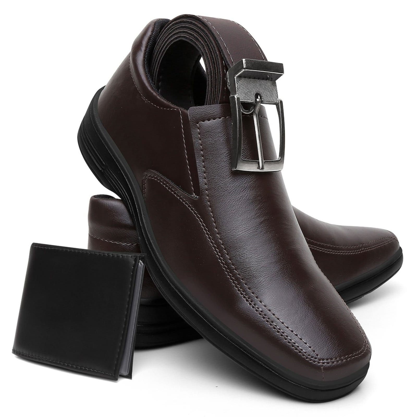 Kit Sapato Masculino Social Anna Andrade Casual Conforto Macio Bico Quadrado Cinto e Carteira