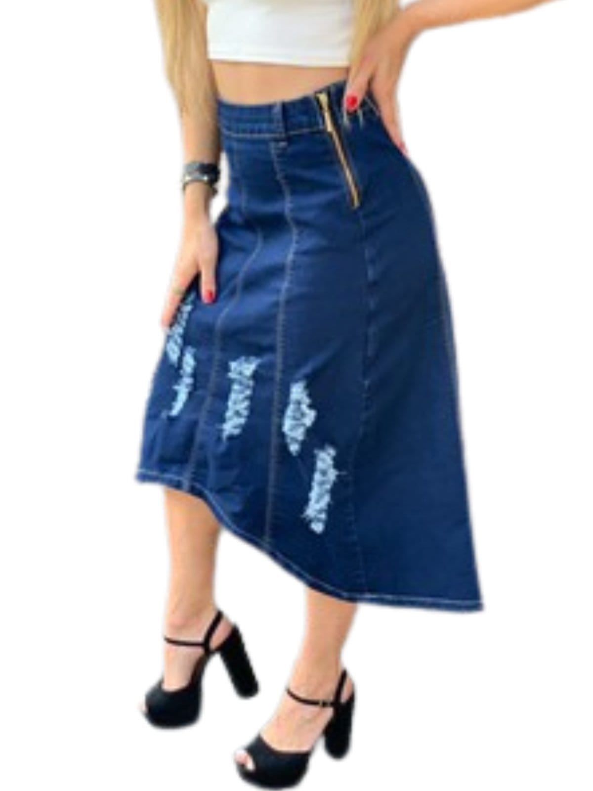 Vista 2 Saia Feminina Jeans Light Moda Evangélica Jeans Denise JEANS LIGHT azul marinho