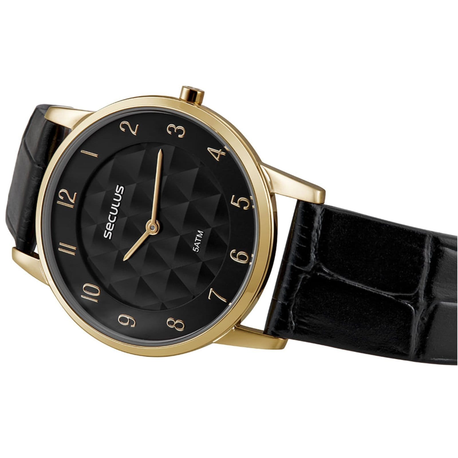 Vista 2 Relógio Masculino Slim Couro Croco Dourado Seculus preto