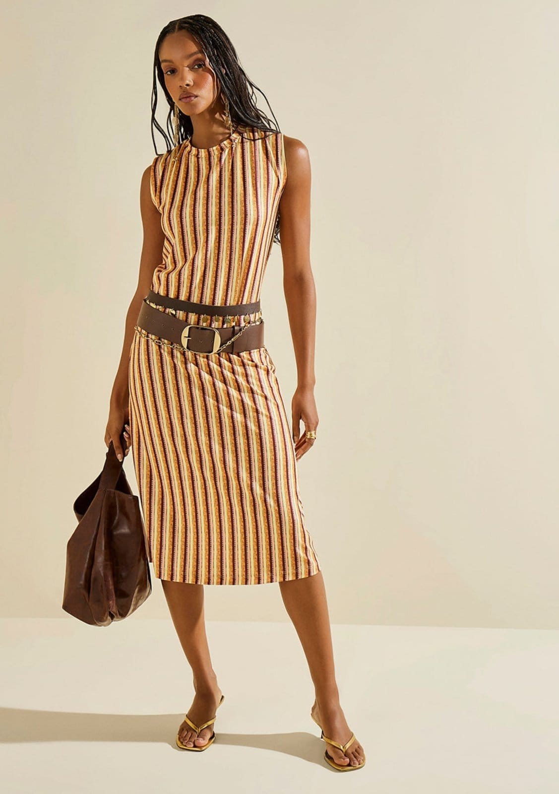 Vista principal Vestido Morena Rosa Solto Decote Careca Sem Manga Midi Laranja Morena Rosa laranja rosa