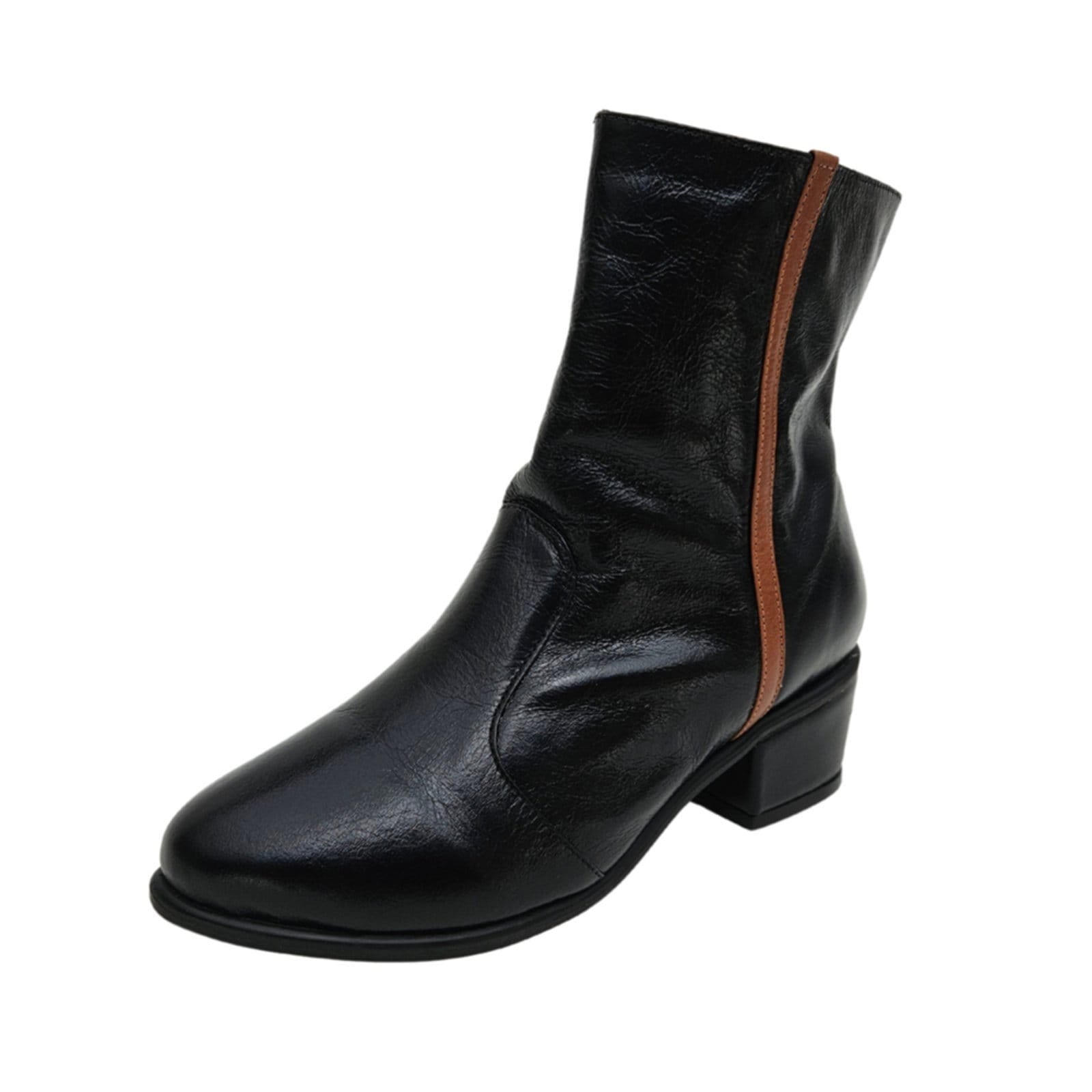 Vista principal Bota Salto Bloco em Couro Ava Preta com Amêndoa Amo Calçados preto