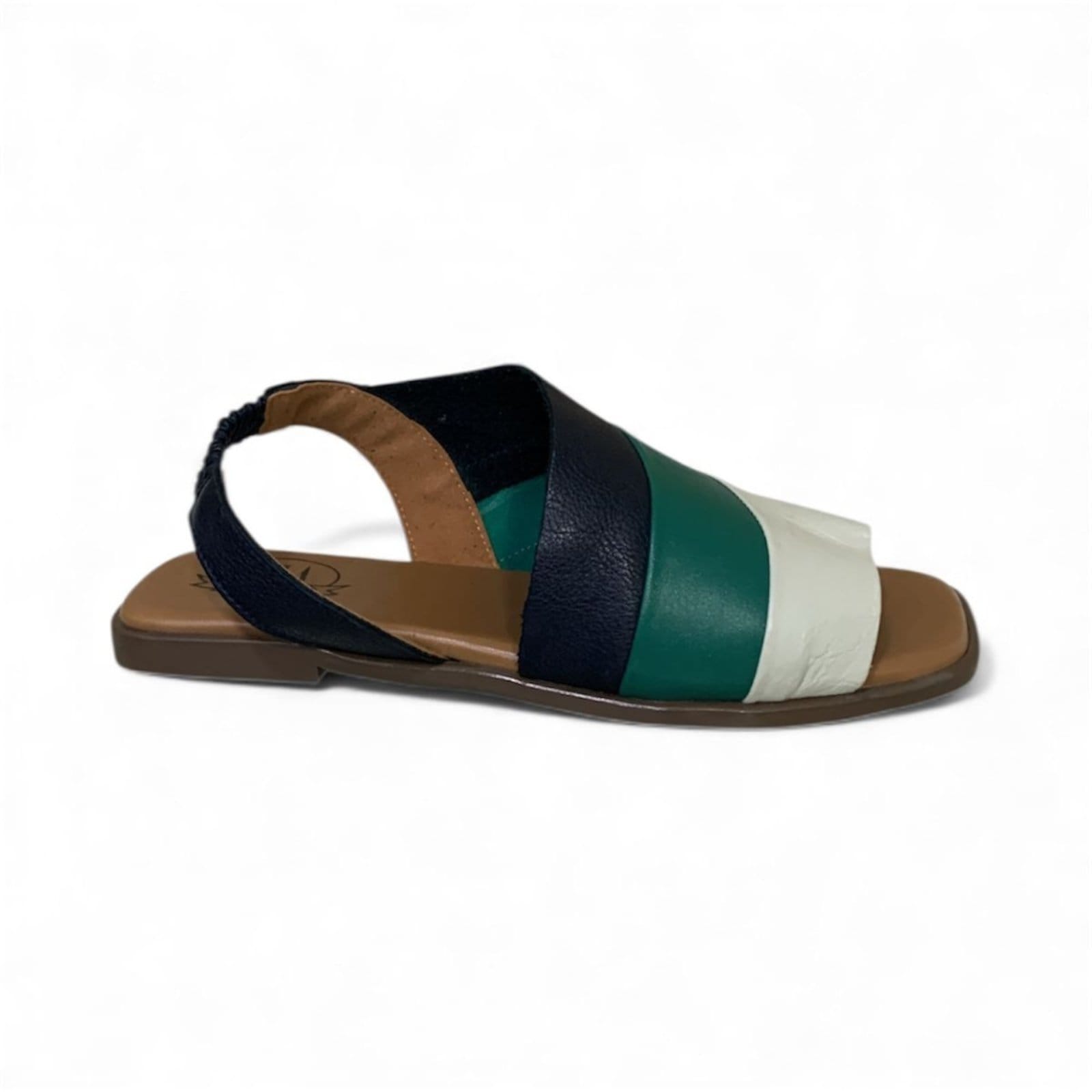 Vista principal Sandália Feminina em Couro Flat Rasteira Piazza PZ002 Marinho, Verde e Off White Balatore Shoes azul marinho/off-white/verde verde