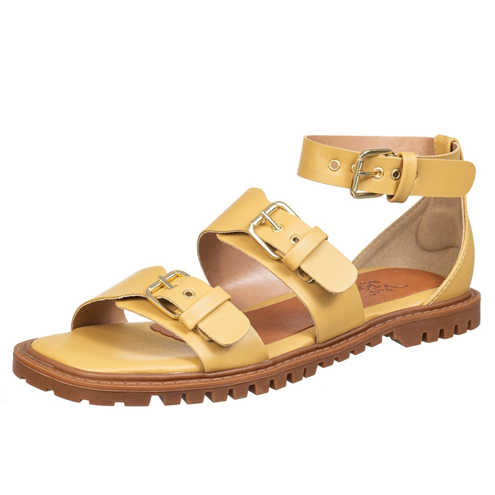 Sandalia Feminina Rasteira Flat Estilo Tratorada Via Birigui C/ Traseiro e Fivelas Bege