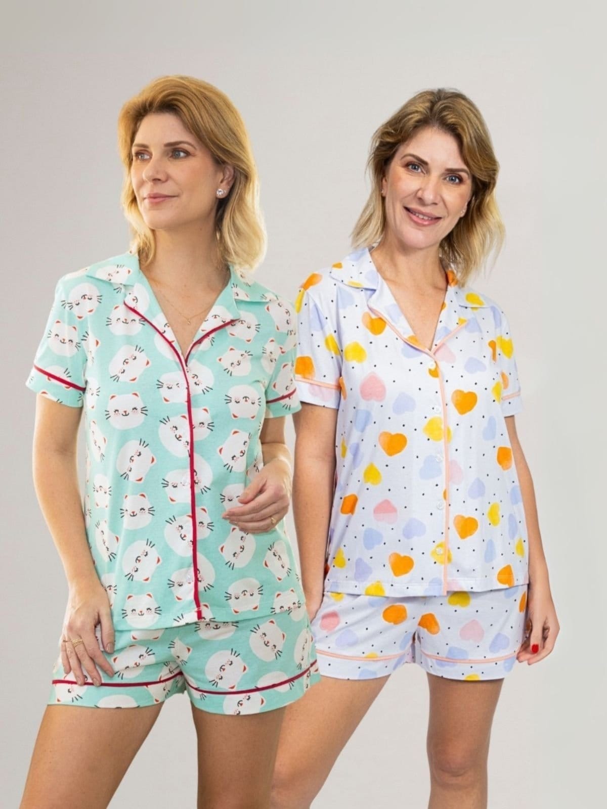 KIT Pijama Americano Curto Gatinhos + Pijama Americano Curto Corações