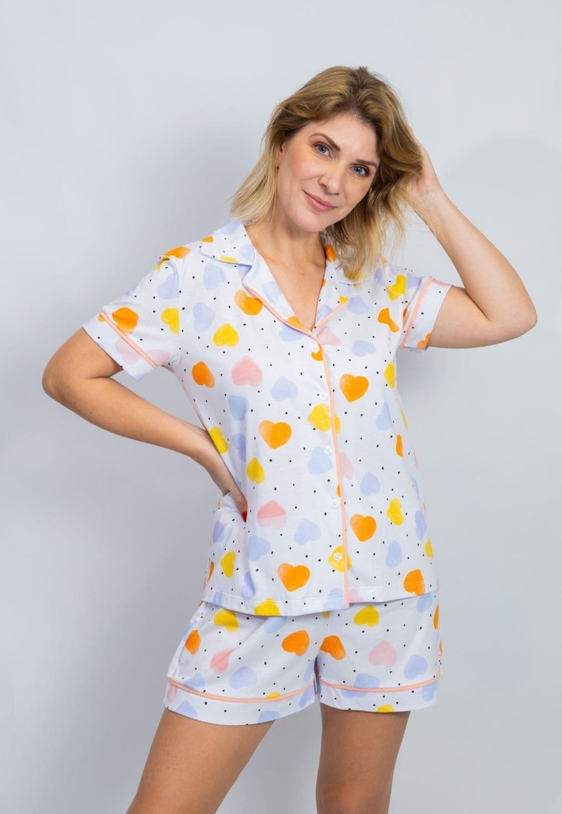 Vista 2 KIT Pijama Americano Curto Gatinhos + Pijama Americano Curto Corações Piante verde