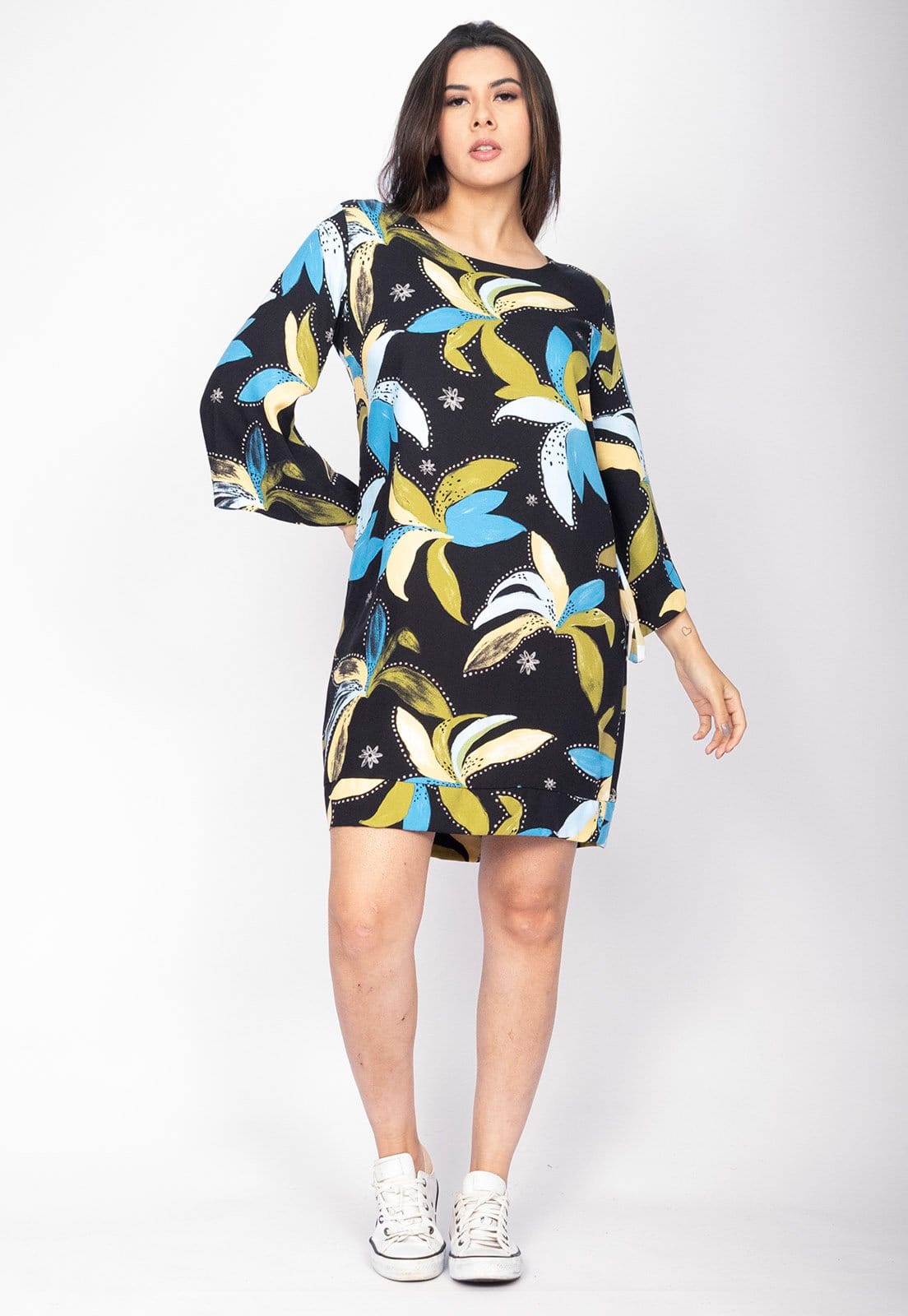 Vestido Curto Amazonia Vital Viscose Manga Ampla Balli Estampa Jardim Noturno