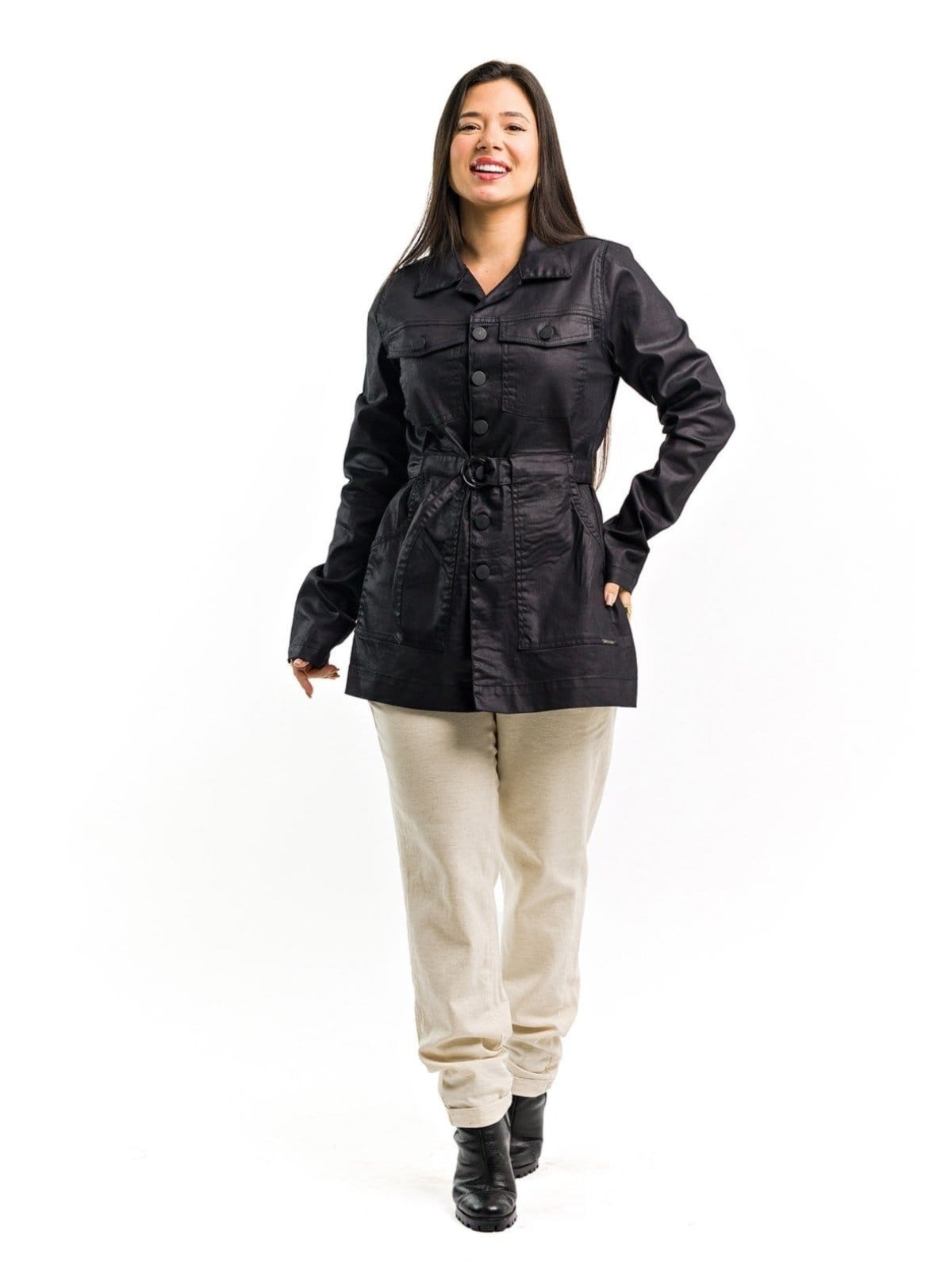 Vista 2 Jaqueta Restrito Jeans Parka Resinada com Botões Restrito Jeans preto