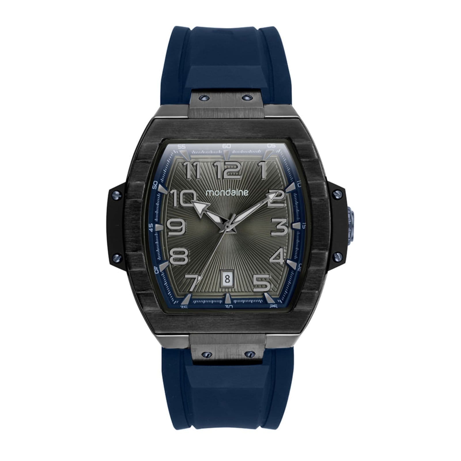 Vista principal Relógio Masculino Caixa Formato Barril Calendário Mondaine azul