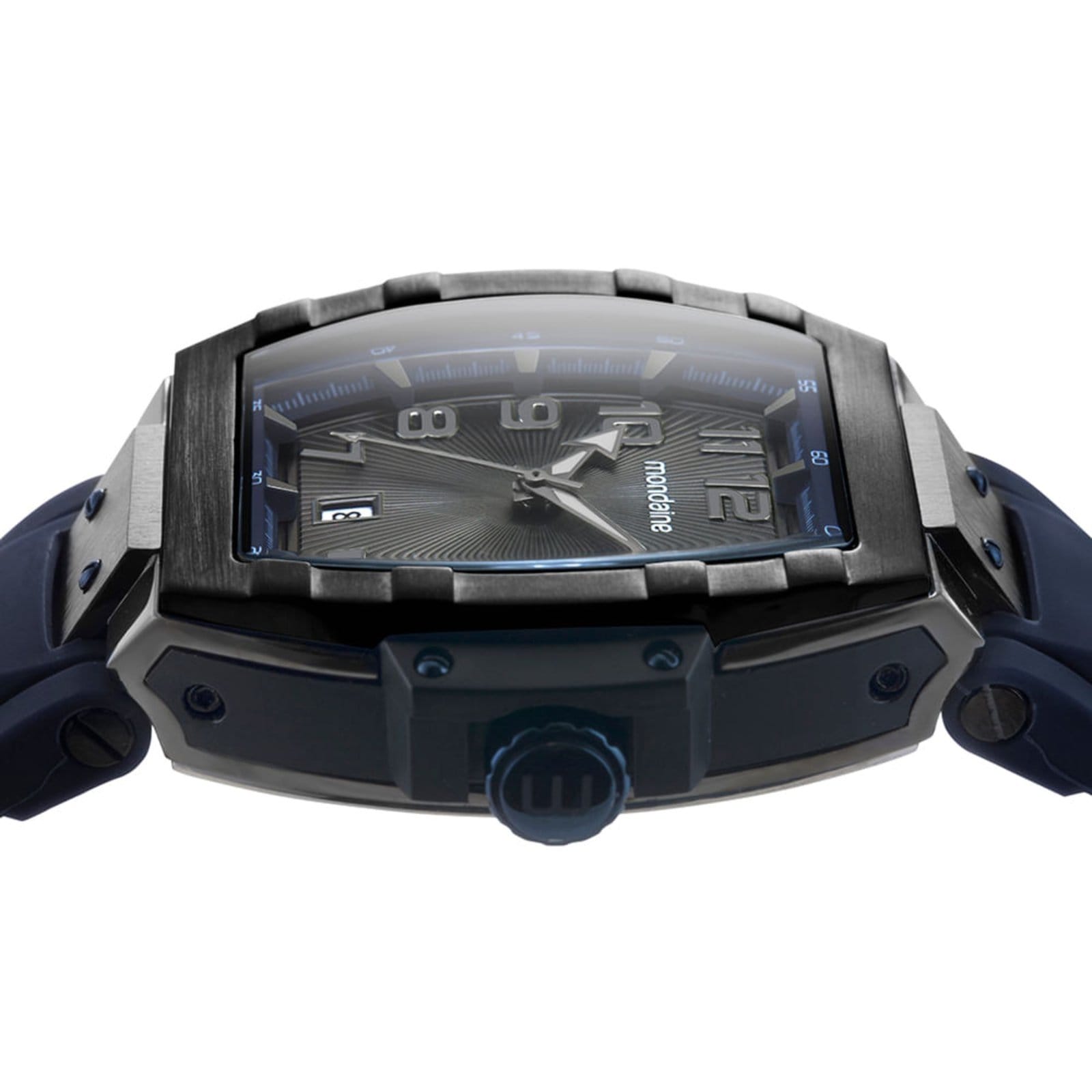 Vista 2 Relógio Masculino Caixa Formato Barril Calendário Mondaine azul