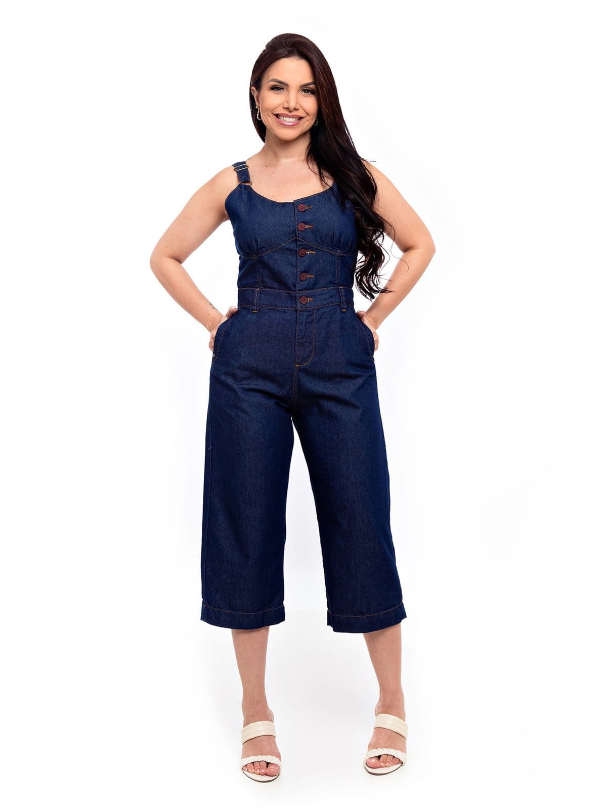 Vista principal Macacão Pantacourt Restrito Jeans Com Botões ESCURO Restrito Jeans azul