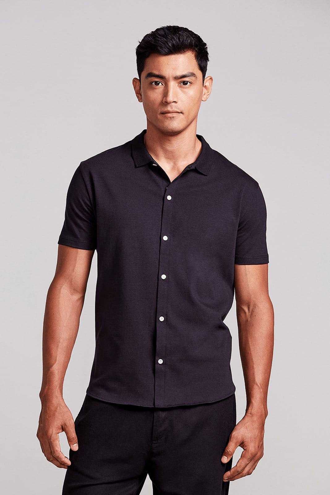 HIGHSTIL Camisa Manga Curta Lisa Malha Slim Fit