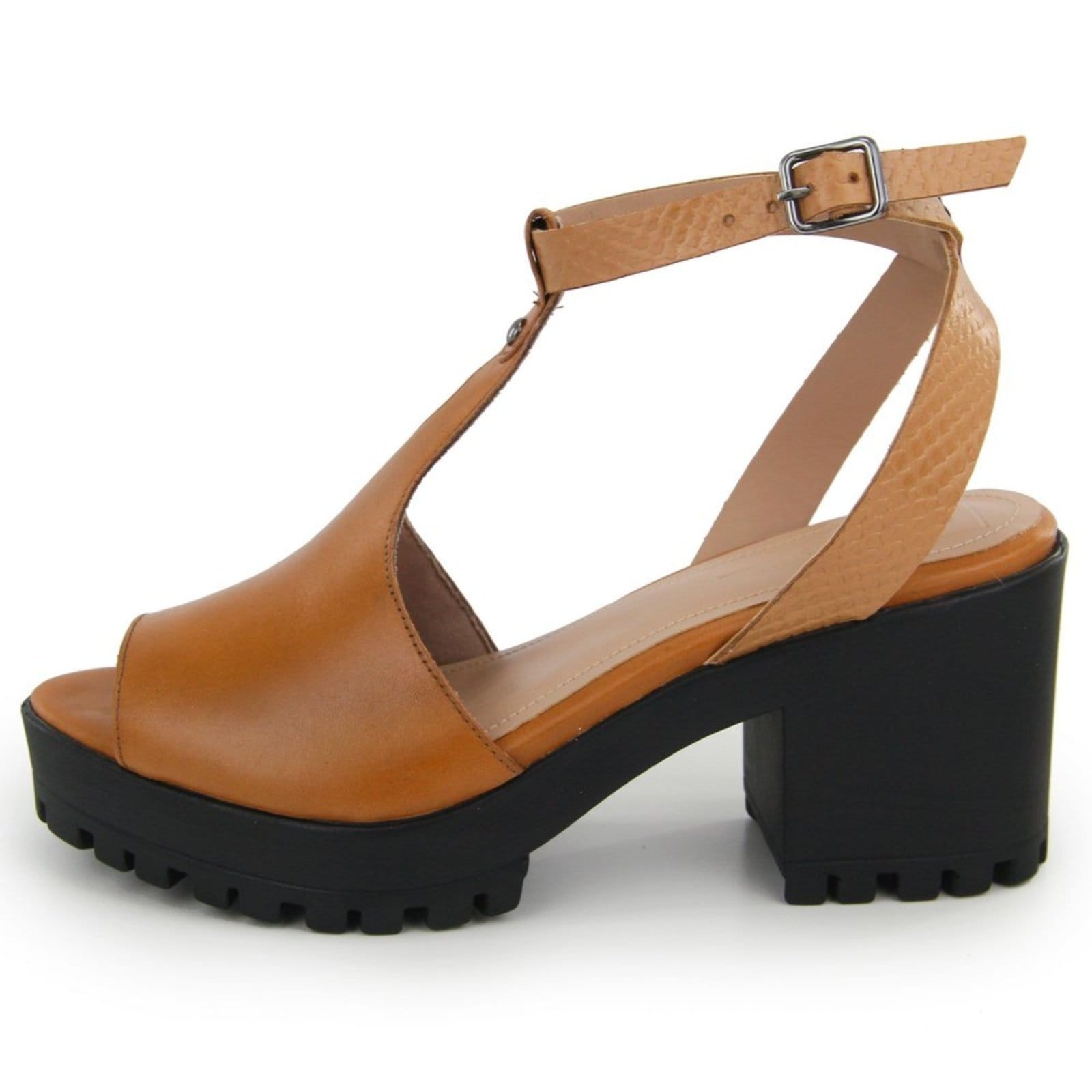 Sandália Feminina Tratorada em Couro Salto Bloco Maria Paula TerraCota