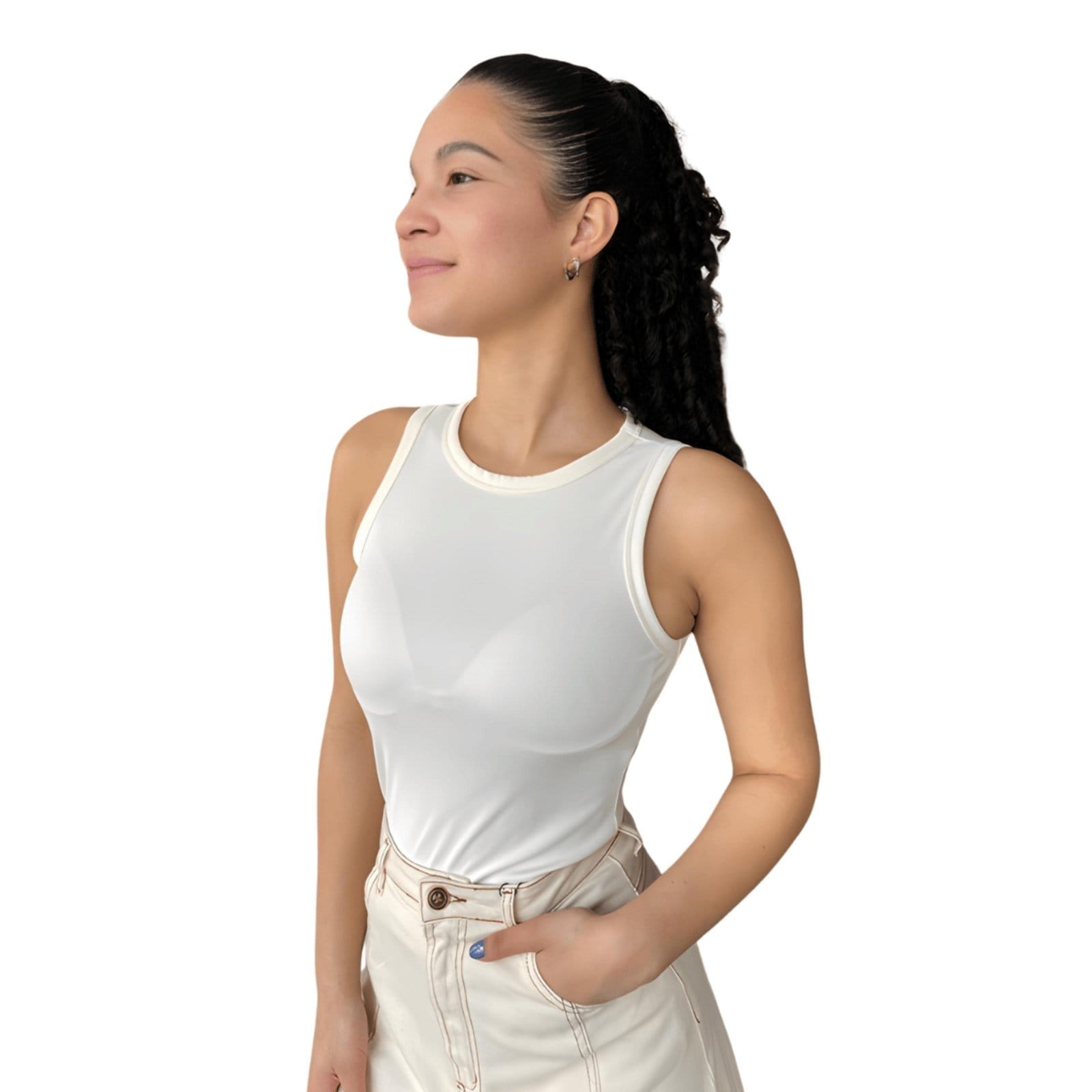 Vista 2 Blusa Regata Feminina Básica Canelada Justa Flor de Lis branco