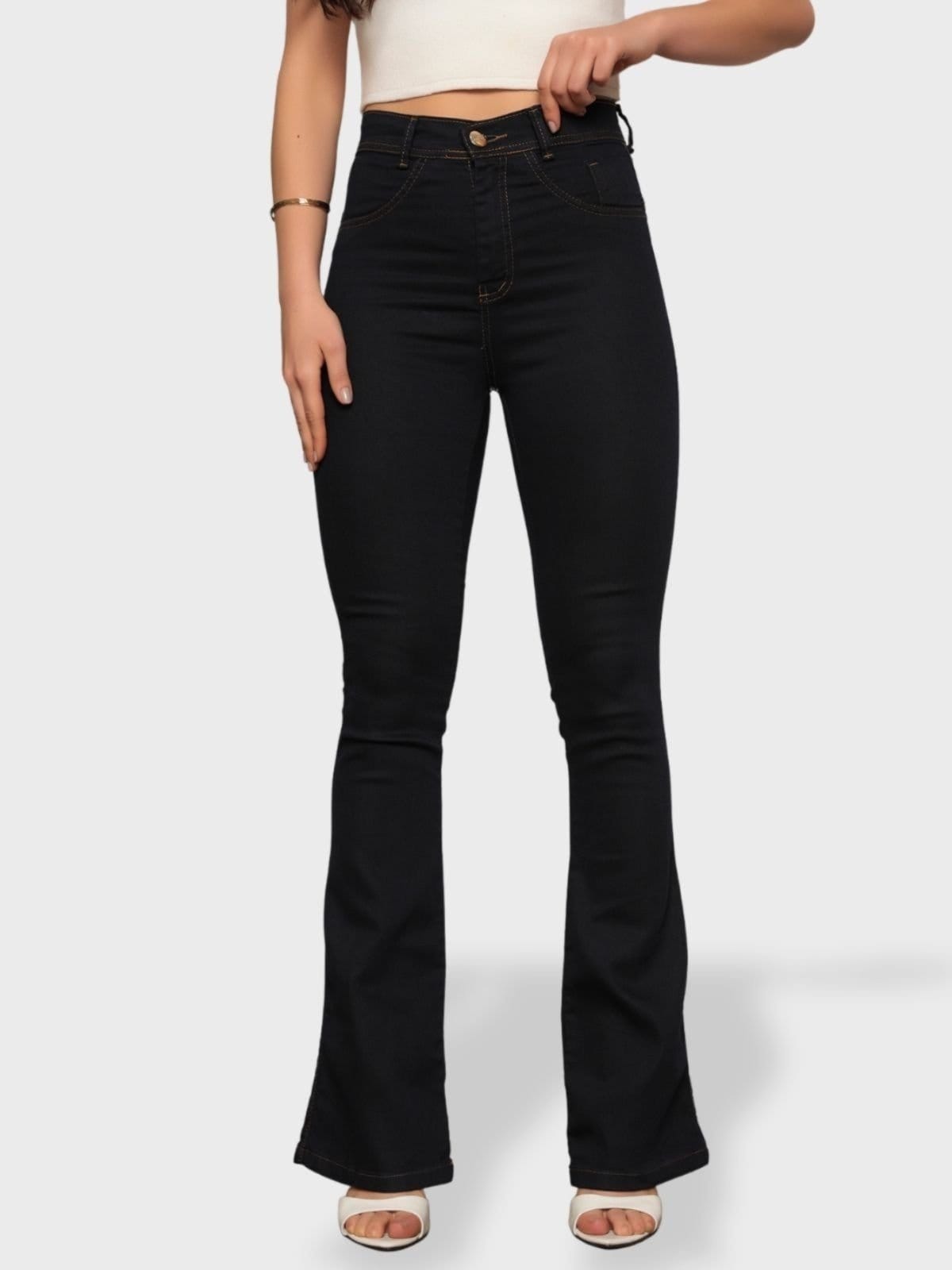 Calça Jeans Flare Feminina Safira Moda Boca de Sino Escuro