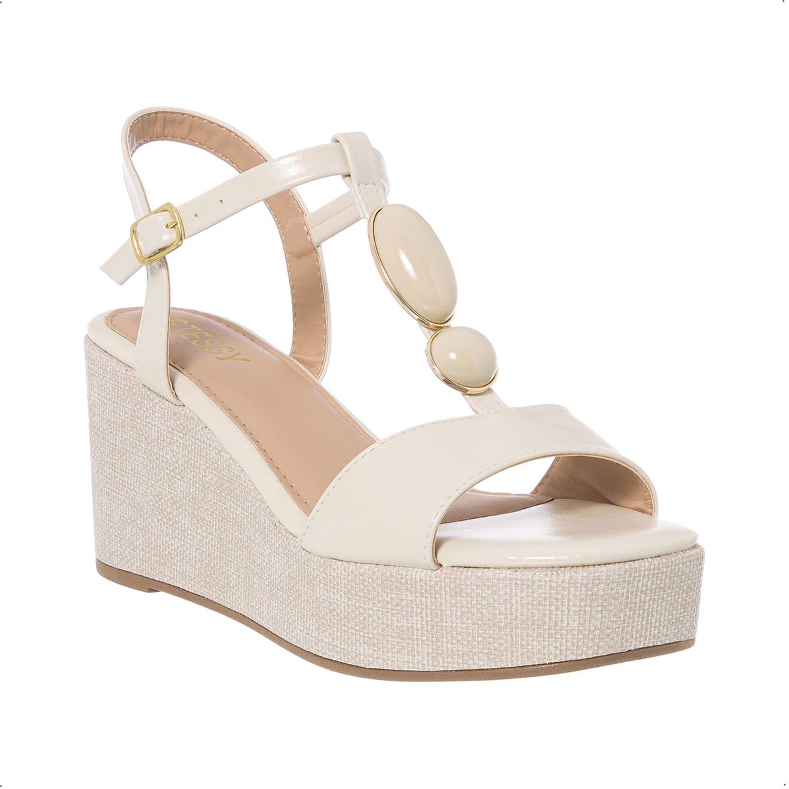 Vista 2 Sandália Anabela Plataforma Stessy Boho Chic Pedraria Rafia Lançamento Verão Off White Stessy Shoes off-white white